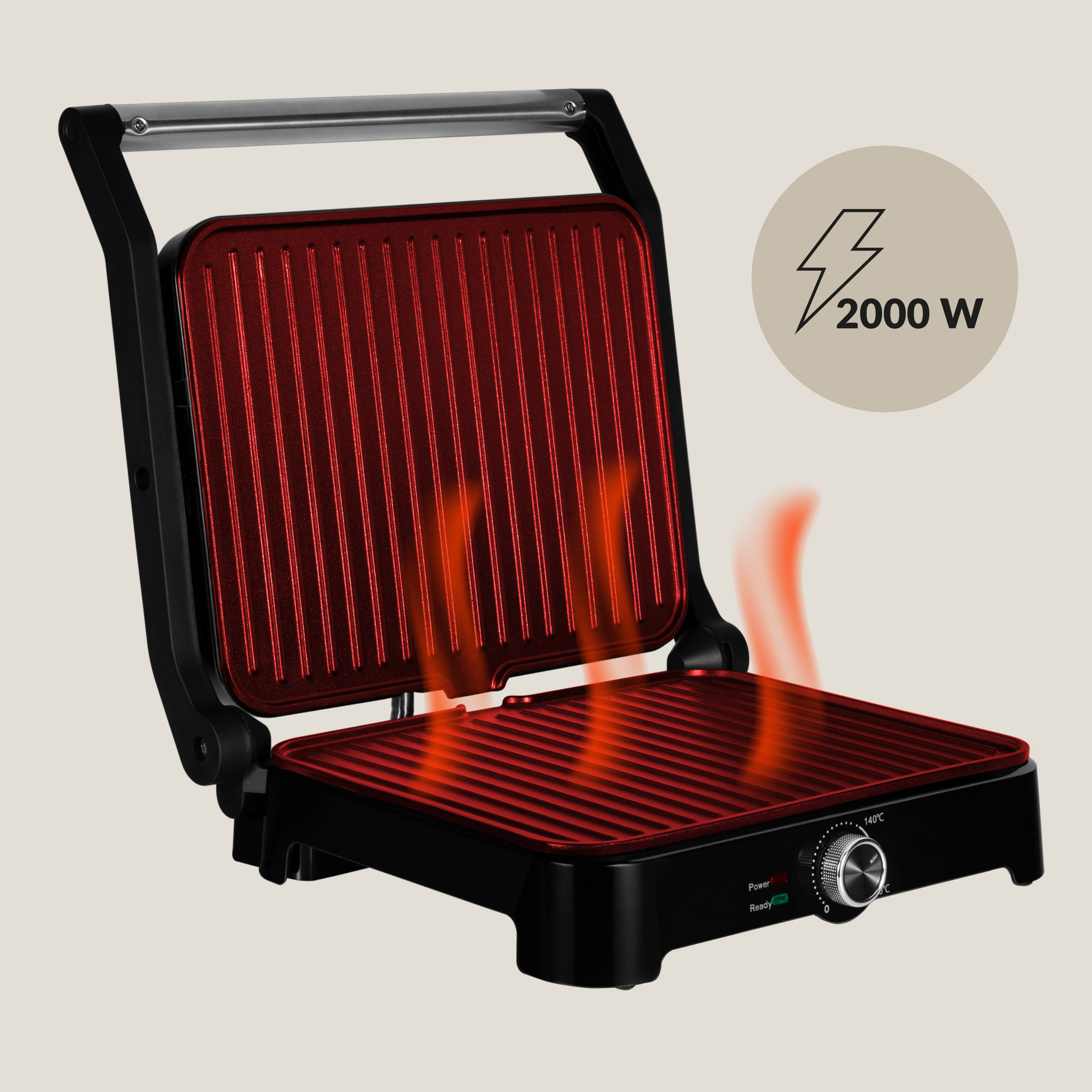 Roter und schwarzer Grill mit geschlossenem Deckel. Auf schwarzer Basis, mit Anzeige.