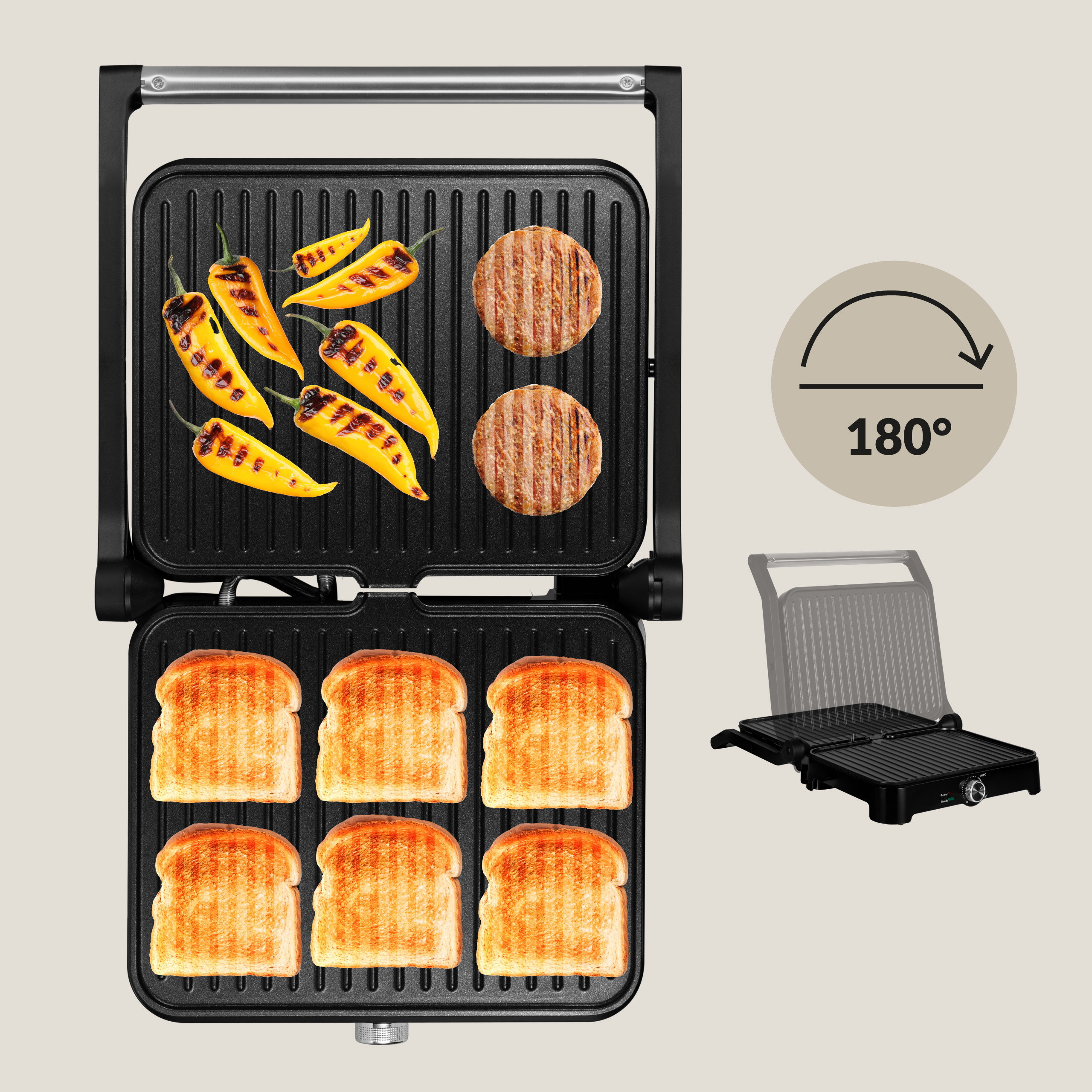 Offener Grill mit geröstetem Brot, gegrillten Paprika und Burger-Patties. Ein 180-Grad-Rotationssymbol.