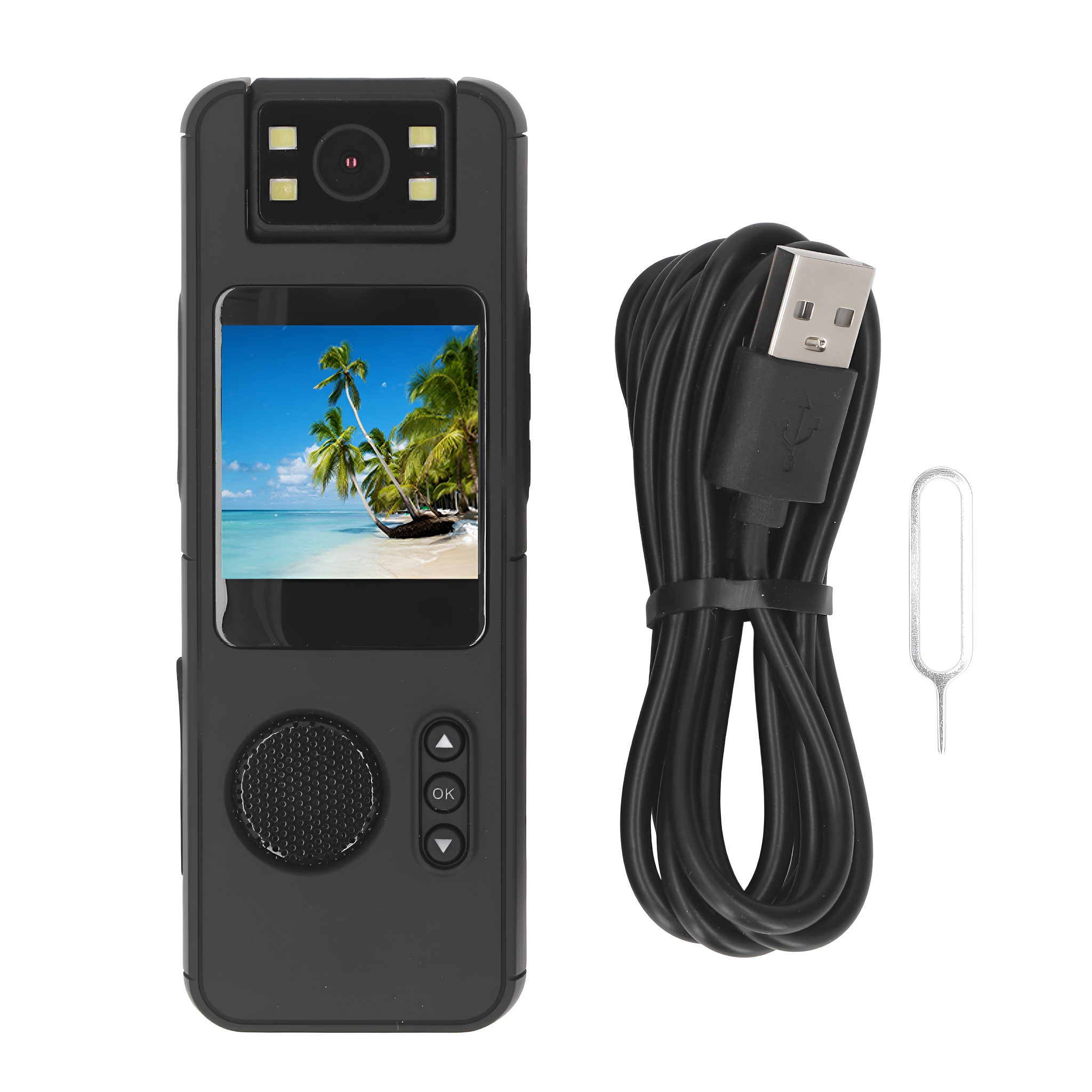 Eine schwarze Kamera, ein schwarzes USB-Kabel und ein kleines, silbernes Werkzeug. Die Kamera hat einen Bildschirm.