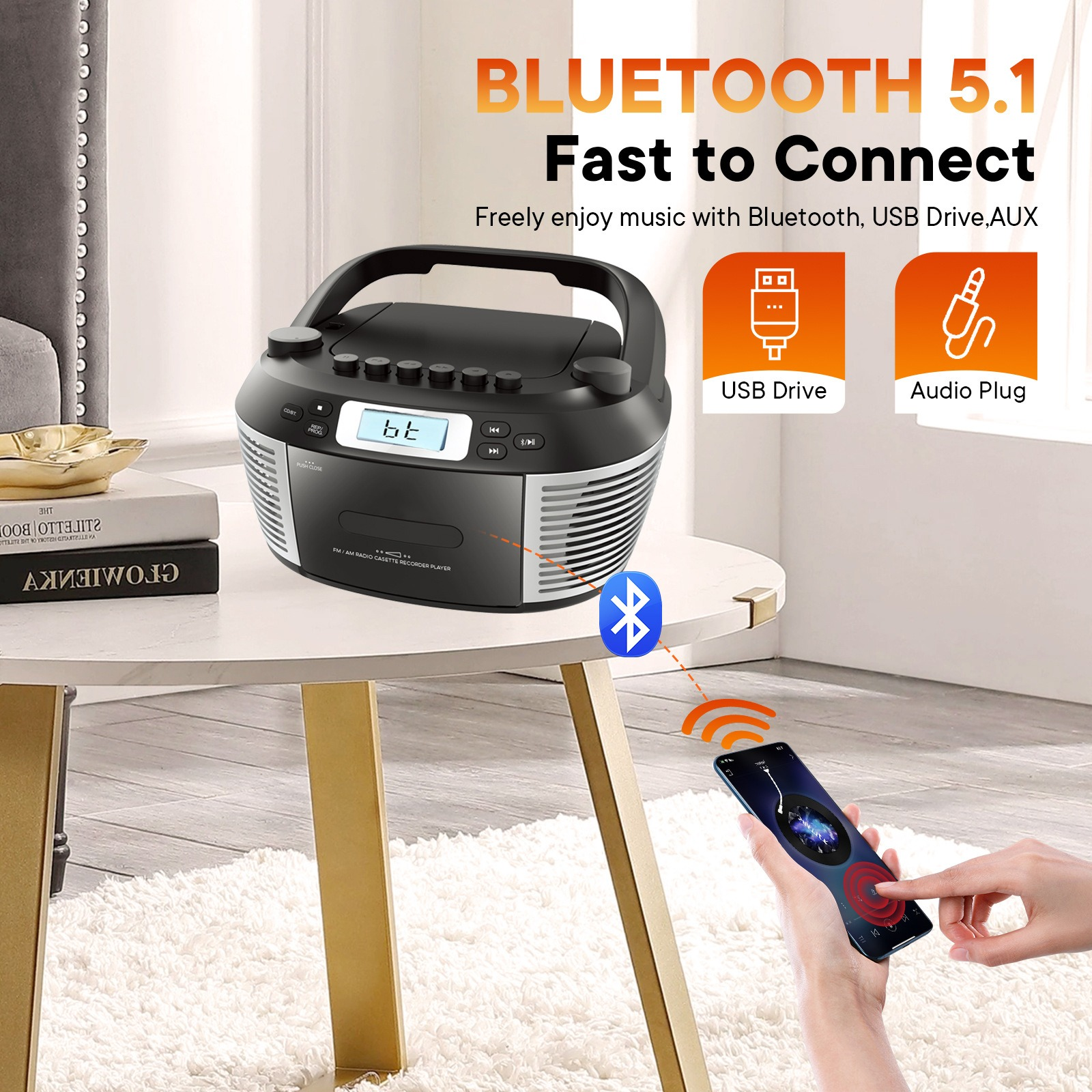 Ein schwarzes tragbares Radio mit silbernem Lautsprecher, ein Telefon mit blauem Bluetooth-Logo verbindet sich.