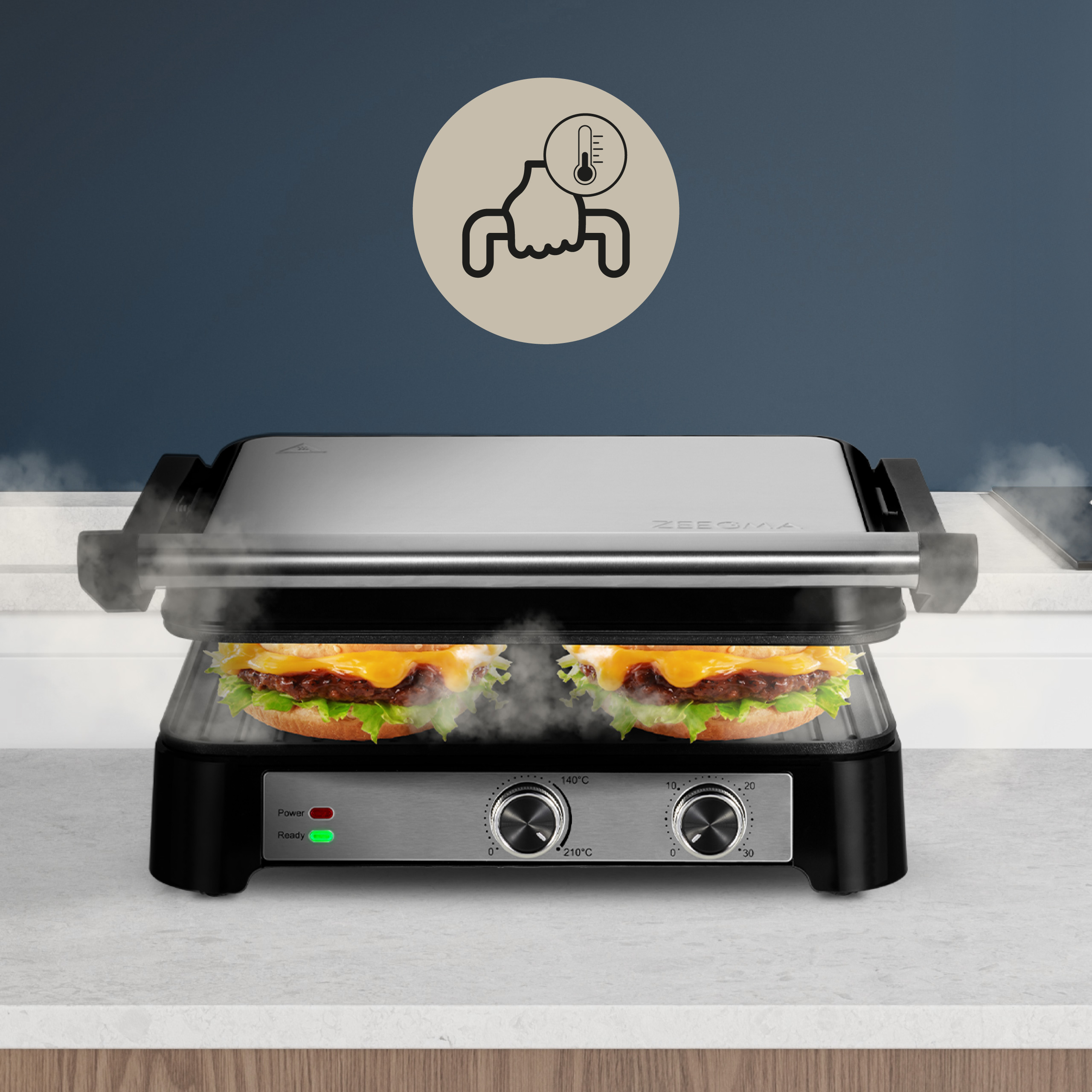 Czarny grill z dwoma smażonymi burgerami. Dym się unosi. Ikona miernika temperatury na górze.