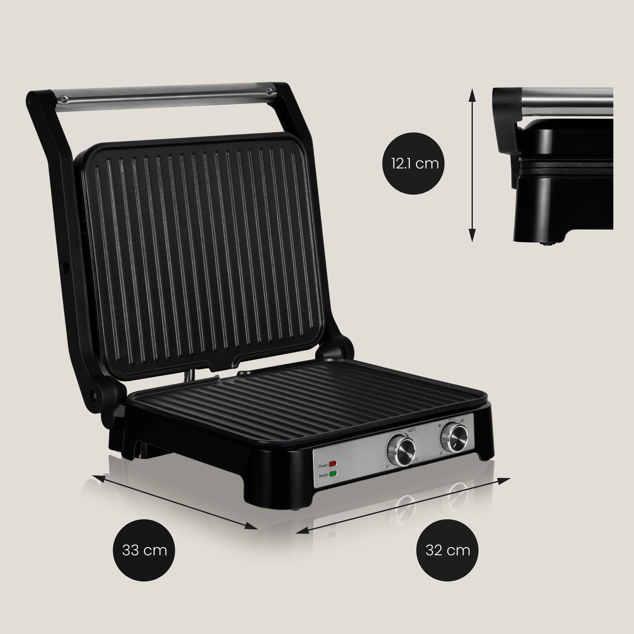 A black open grill press with dimensions shown. Two knobs and a handle are present.