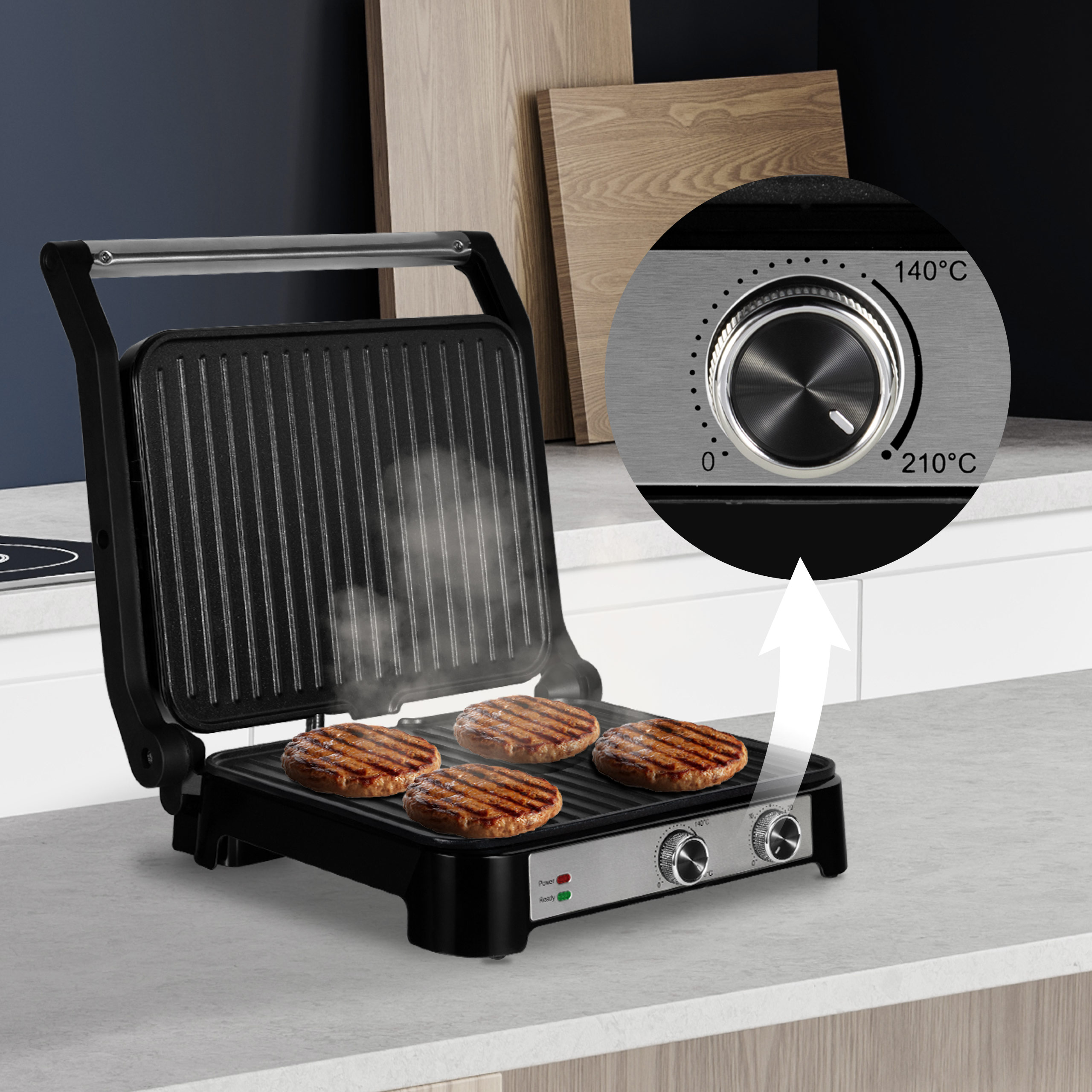 Grill elektryczny z piekącymi się burgerami. Pokrętło sterowania ustawione na 140°C. Widoczna para.