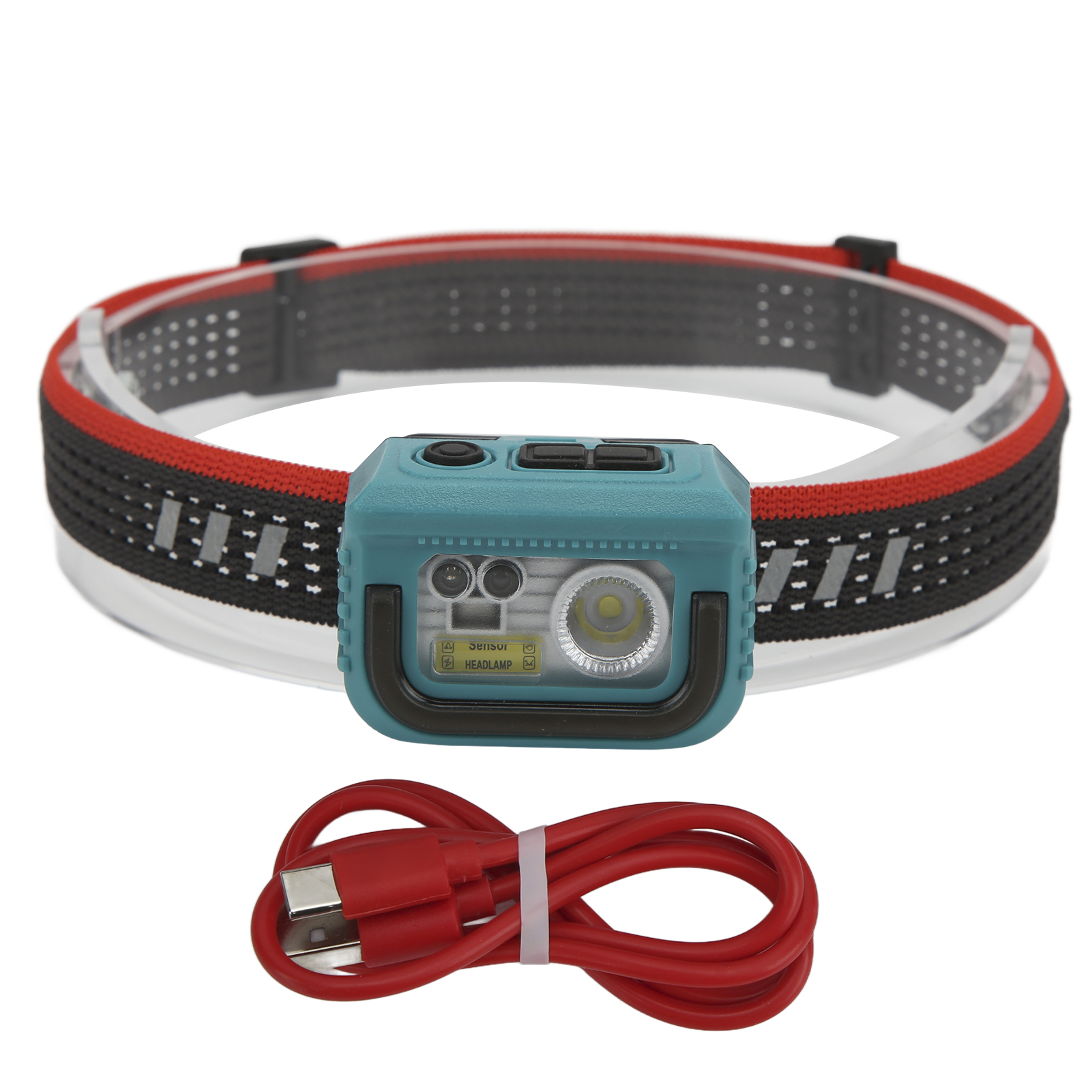 Stirnlampe mit rot-schwarzem Band, türkisem Licht und rotem Ladekabel.