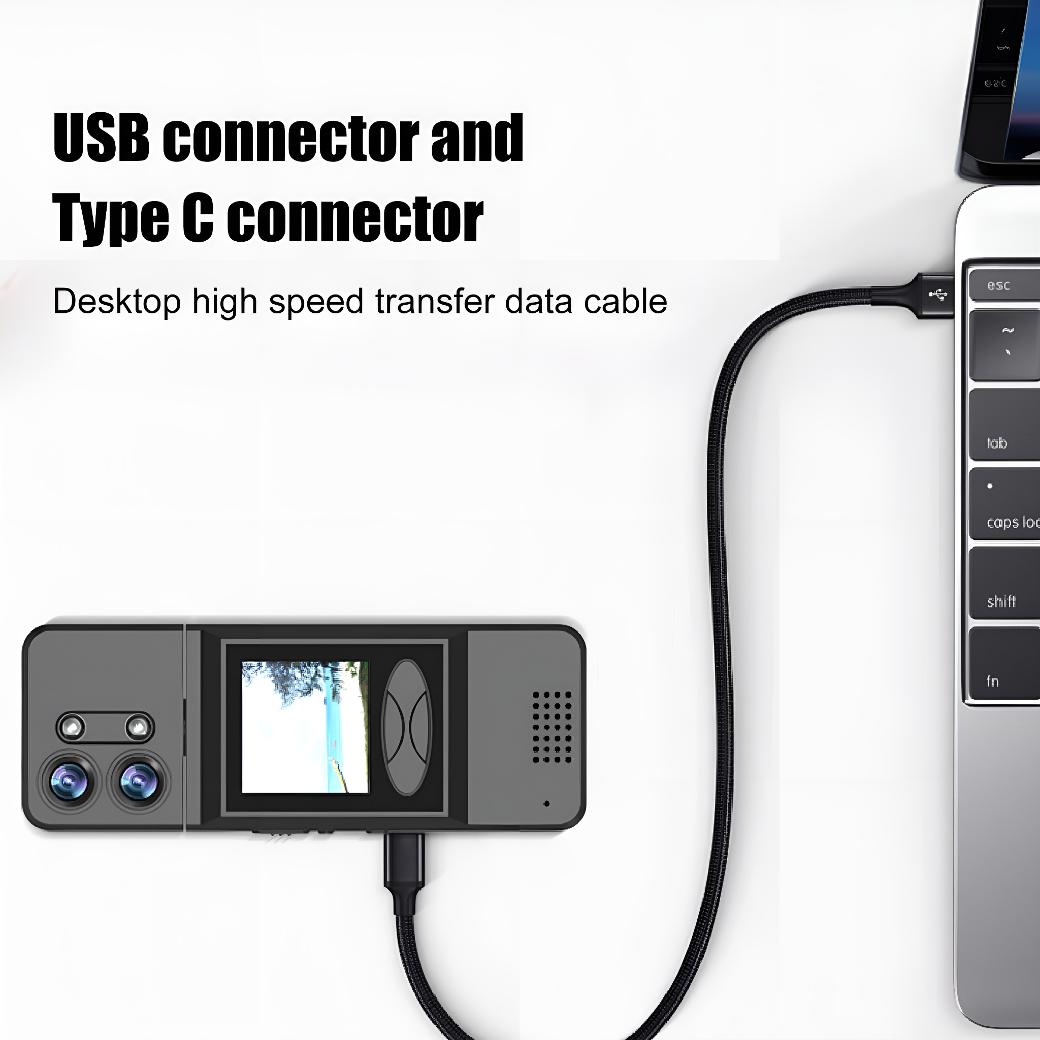Eine schwarze Kamera, die über ein USB-Kabel mit einem Laptop verbunden ist. Der Laptop zeigt eine Tastatur und einen Bildschirm.