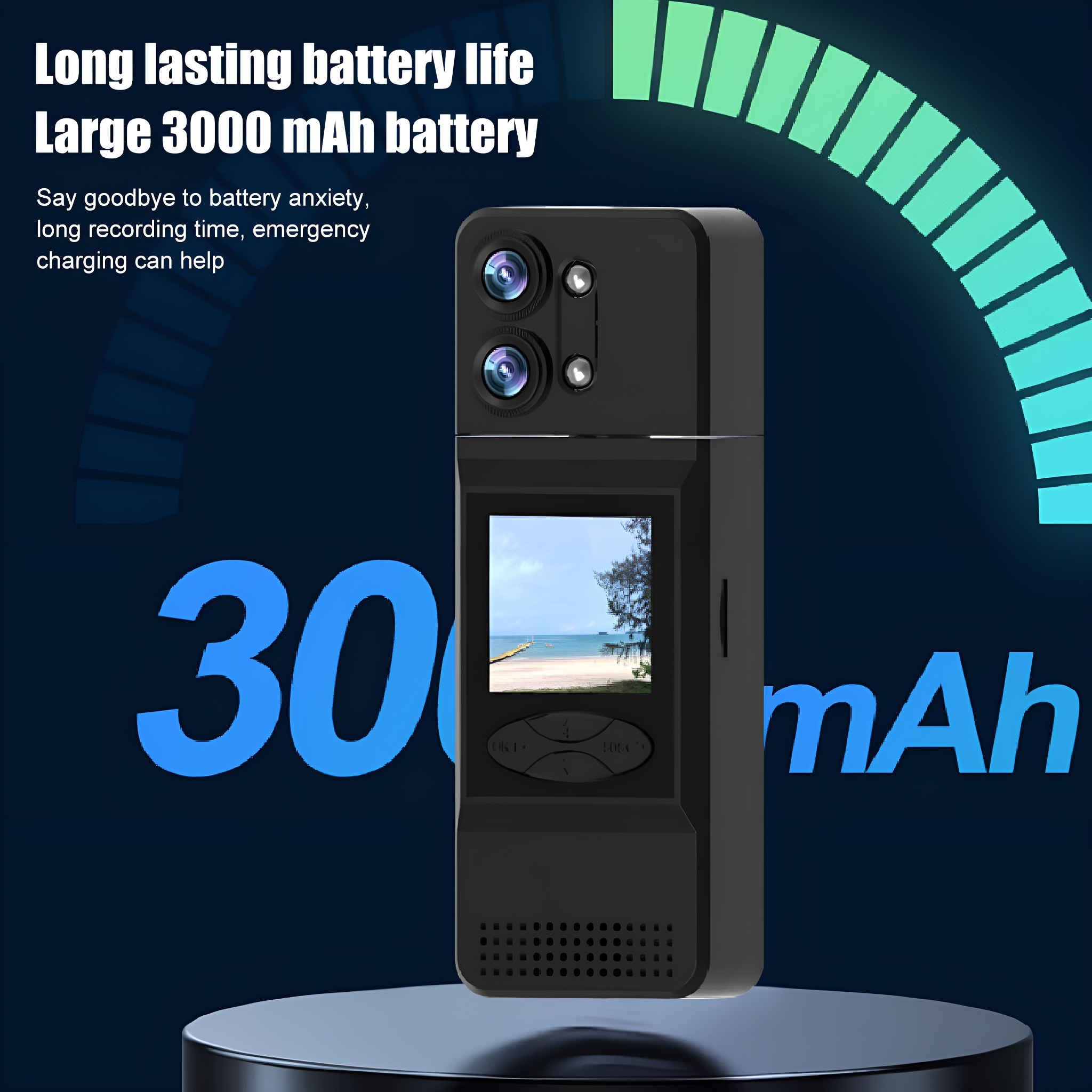 Schwarzes Handheld-Gerät mit zwei Kameras und einem kleinen Bildschirm, Strand. Text: 3000 mAh.