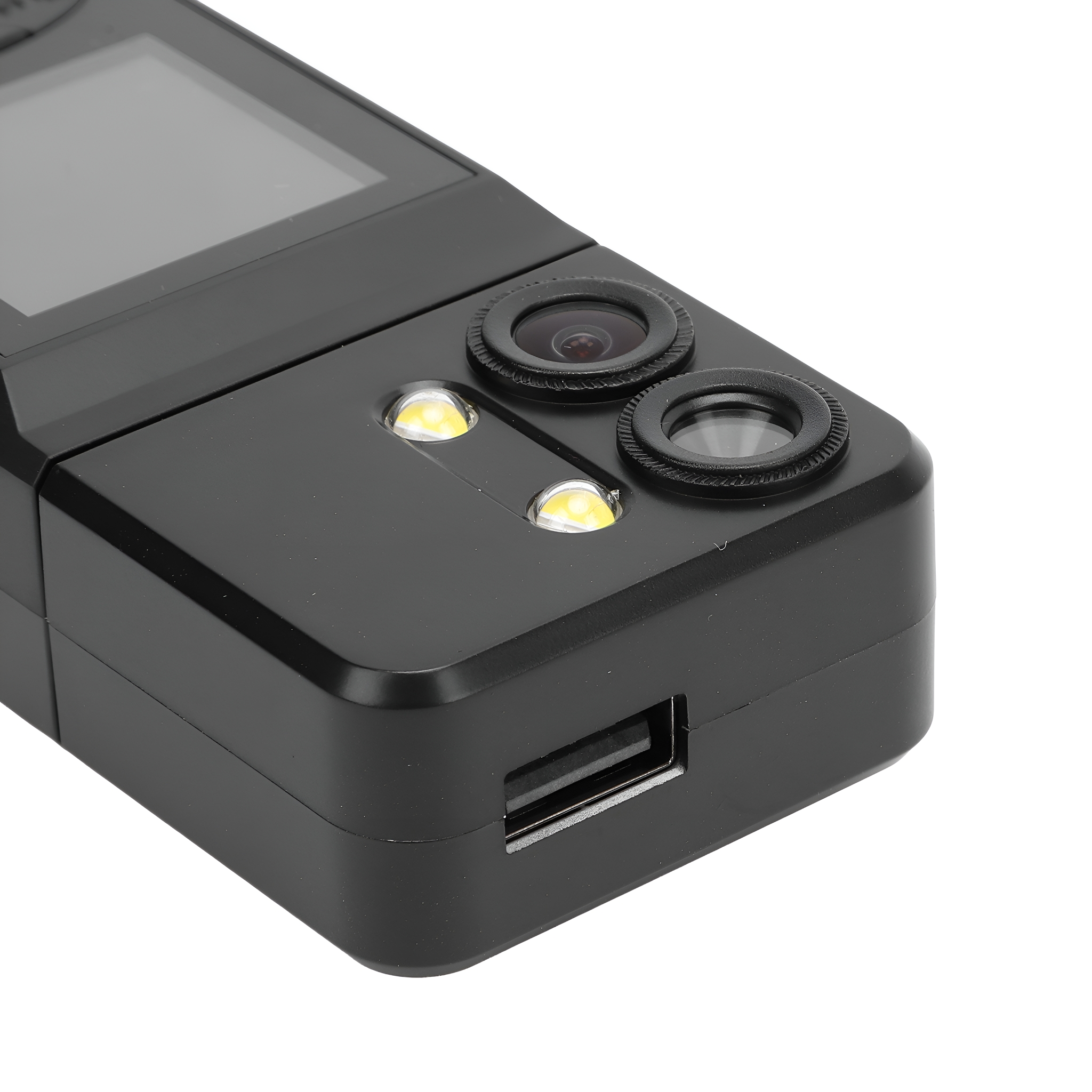 Ein schwarzes Gerät mit zwei Linsen und zwei Lichtern sowie einem USB-Anschluss. Ein Bildschirm ist sichtbar.