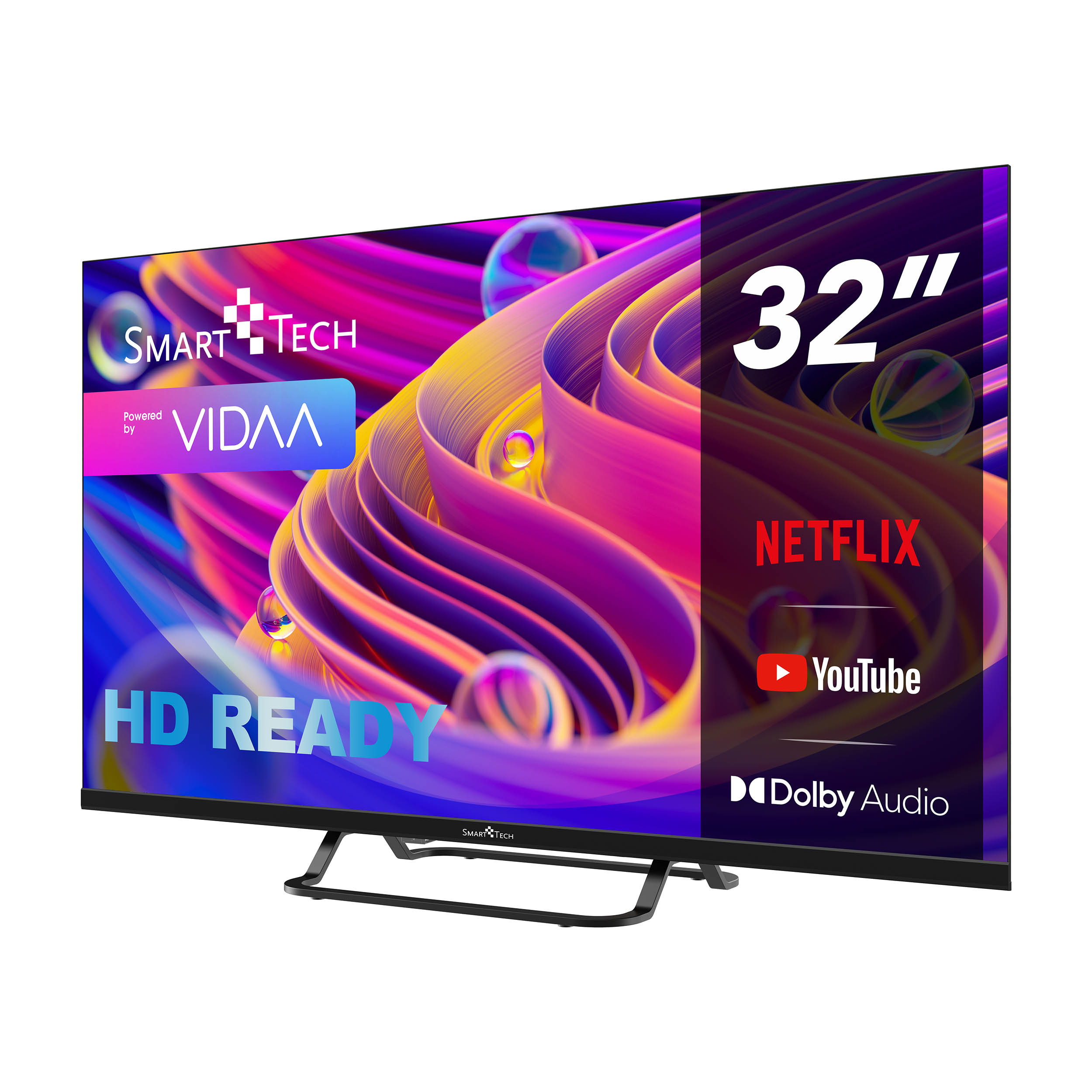 32-calowy telewizor z kolorowym wyświetlaczem, z logo Netflix i YouTube.