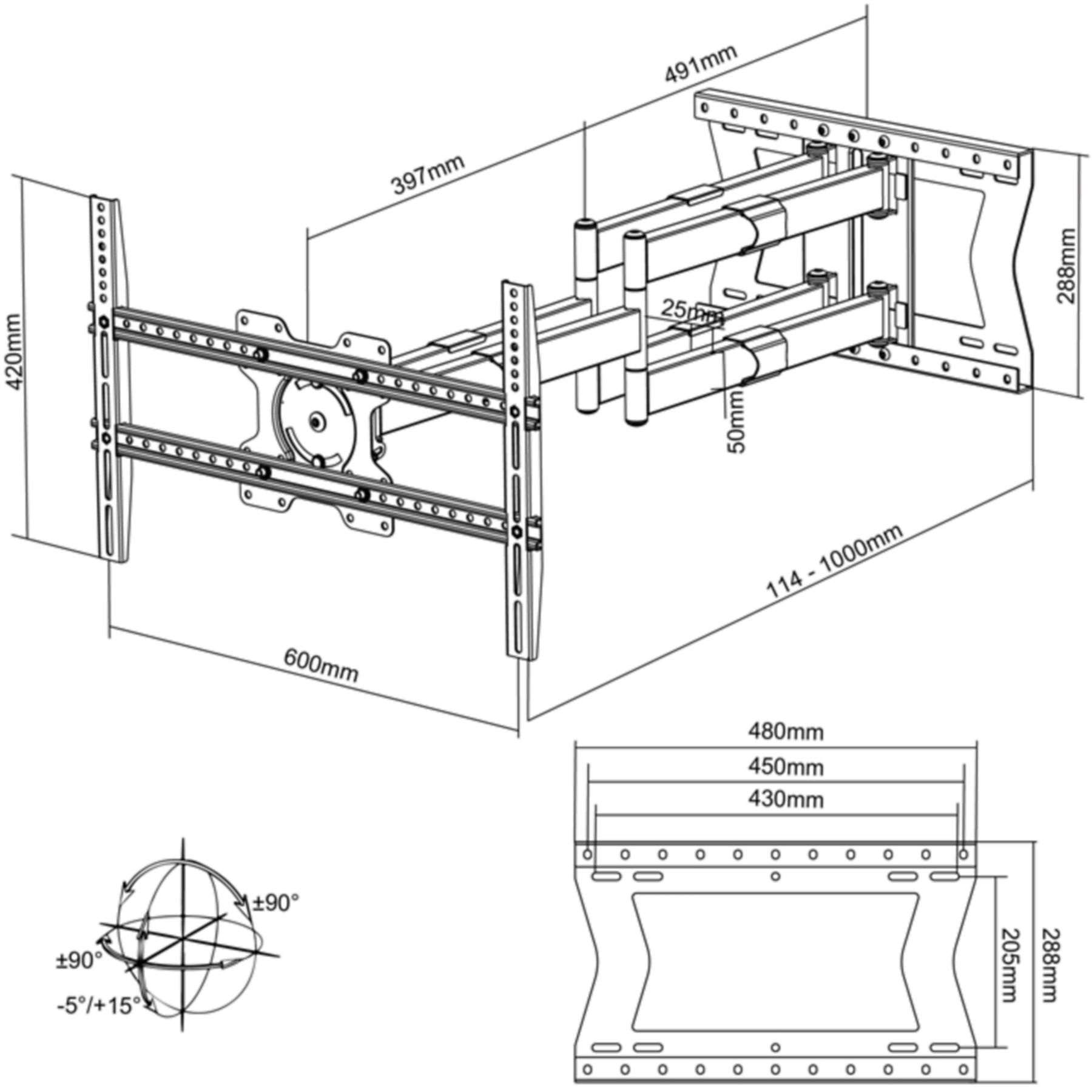 Dessin technique d'un support TV, montrant dimensions et spécifications de montage détaillées.
