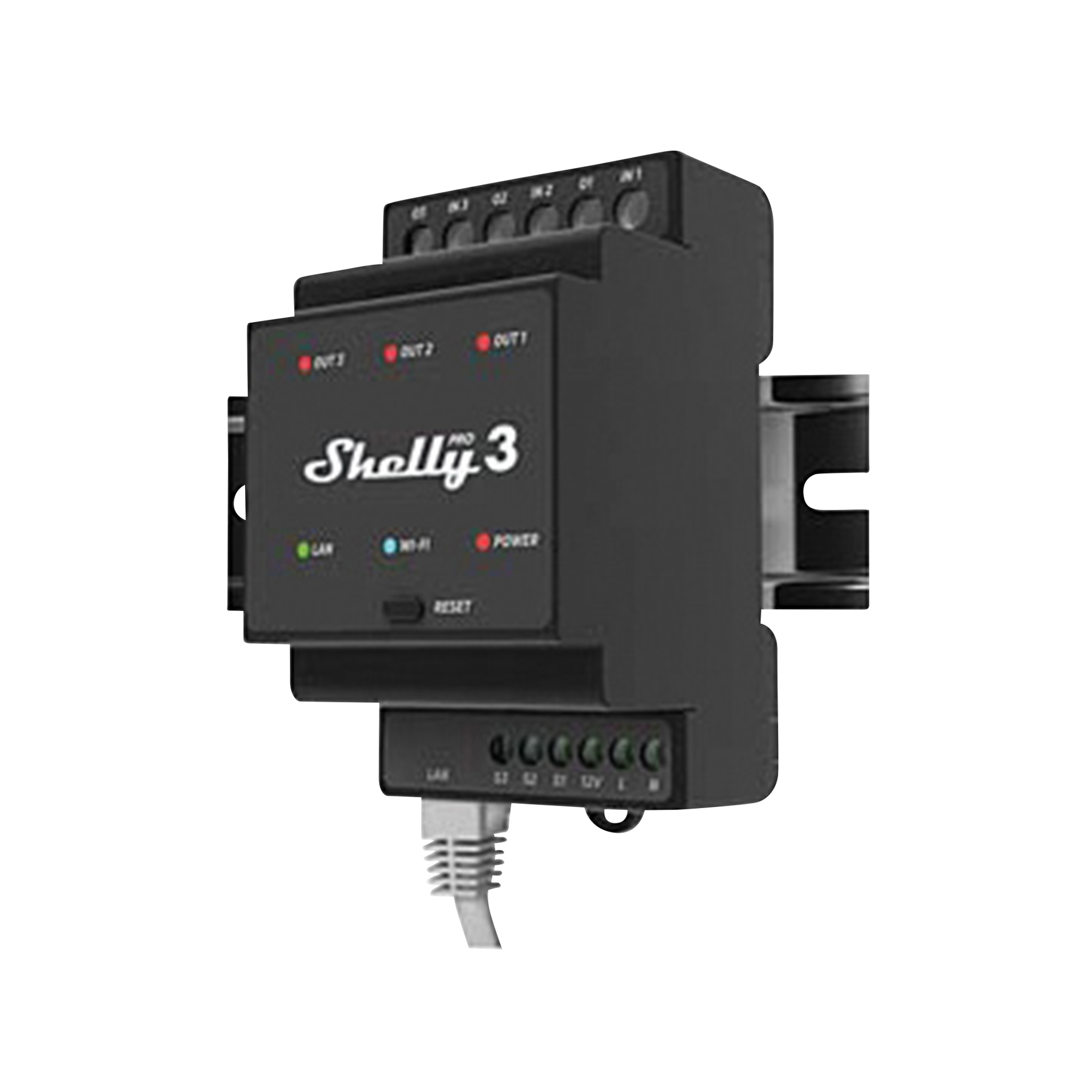 Czarny inteligentny dom Shelly 3, kabel Ethernet i szyna montażowa.