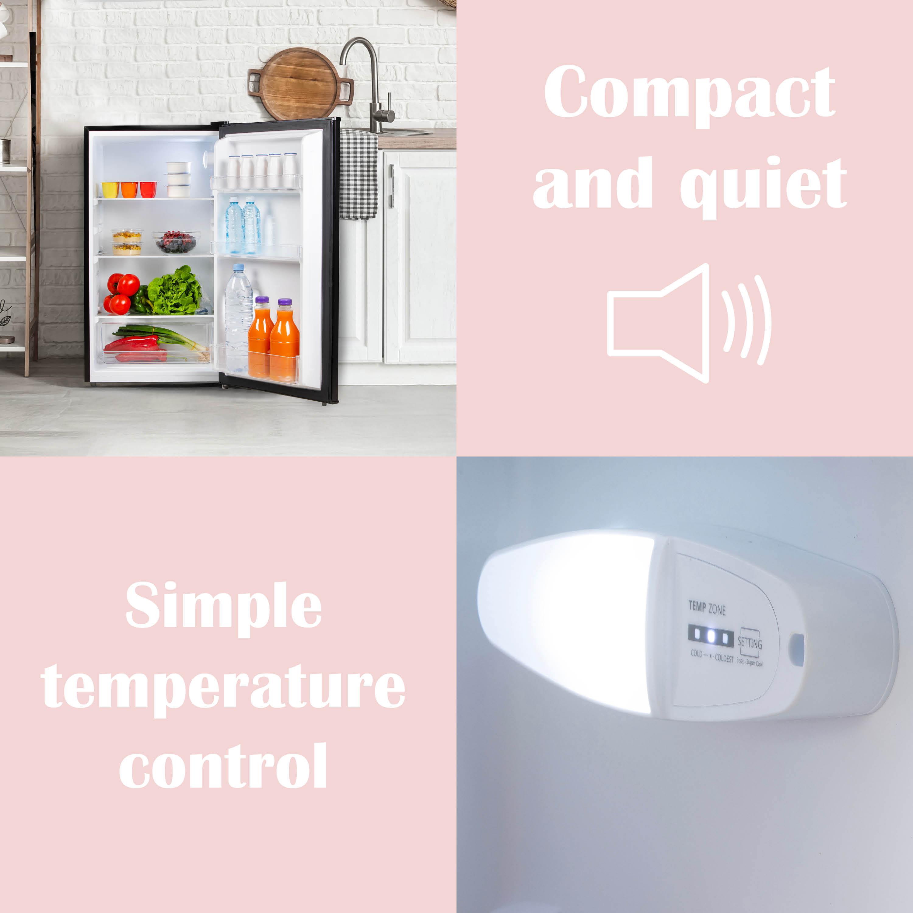 Réfrigérateur ouvert montrant le contenu. Texte : Compact et silencieux, contrôle de température simple.