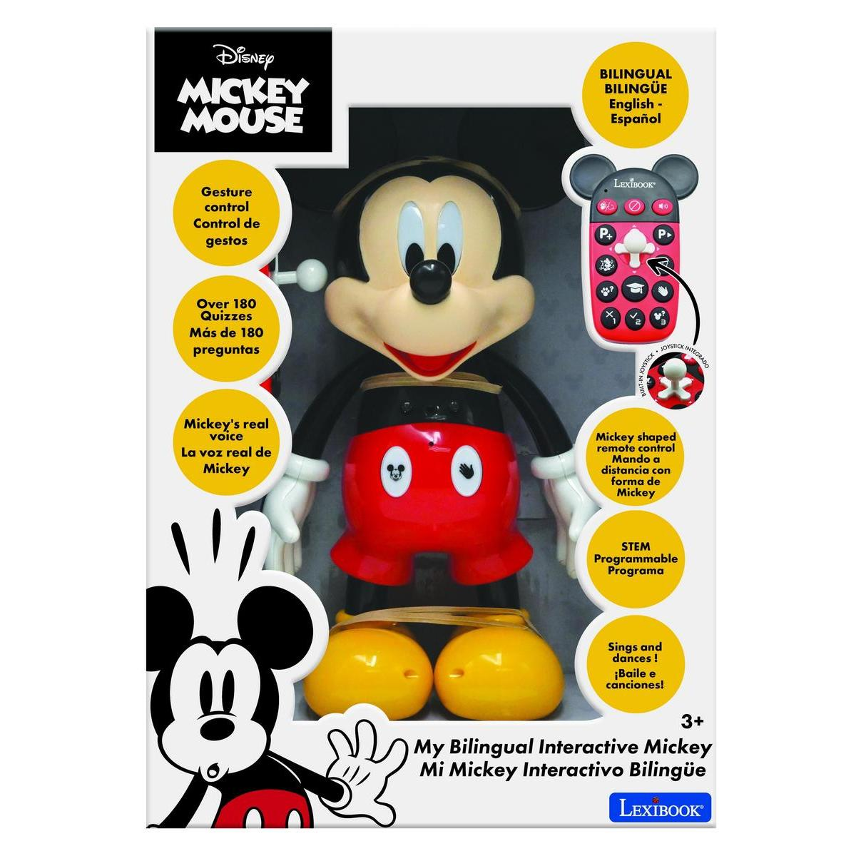 Un giocattolo di Topolino Disney in una scatola con funzionalità interattive e testo.