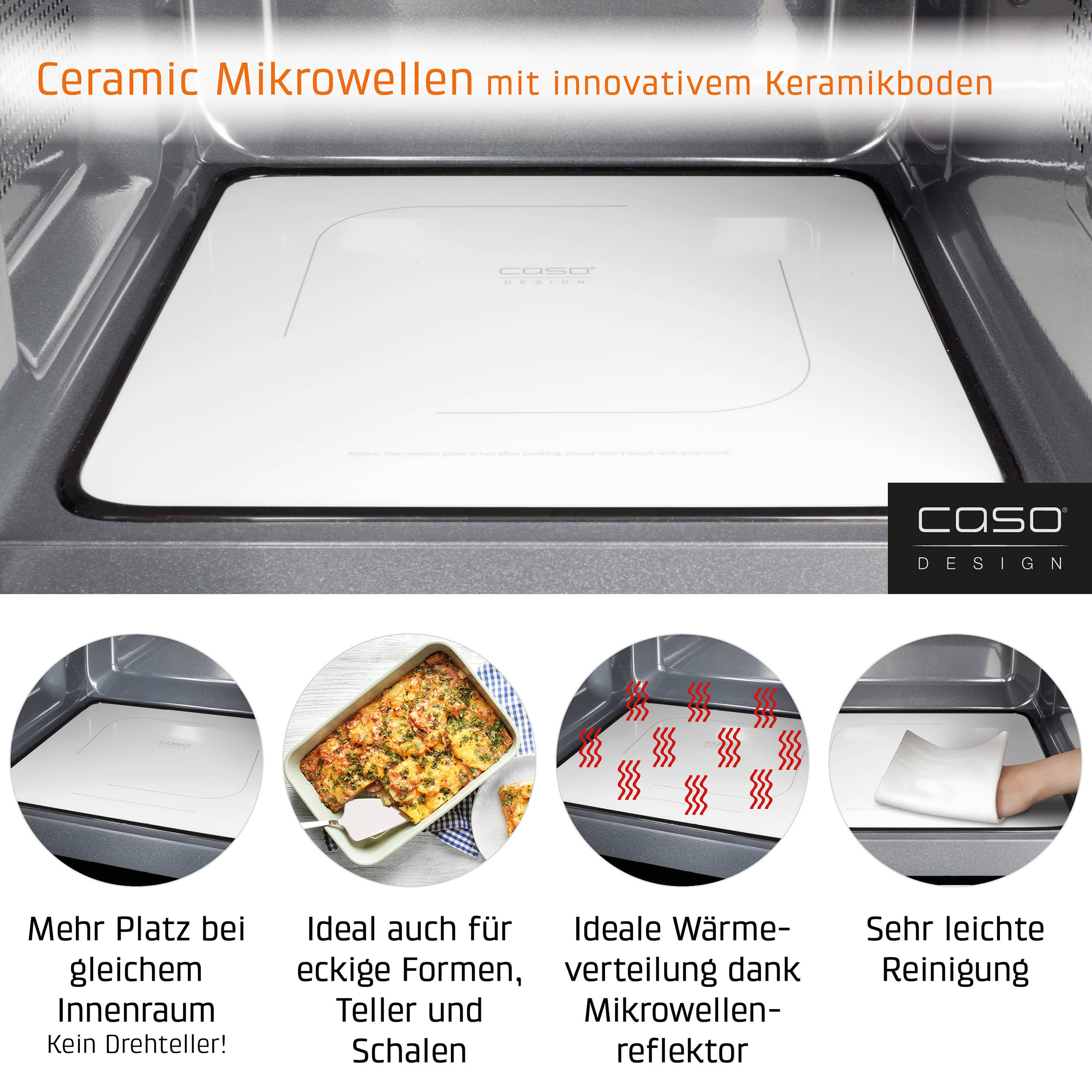 Interno di un forno a microonde con base in ceramica bianca. Inserti mostrano le caratteristiche.