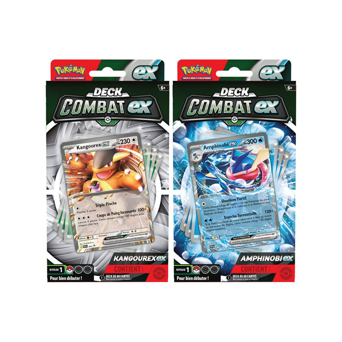 Due mazzi di carte Pokémon. Uno presenta Kangourex ex, l'altro Amphibiox ex. Entrambi sono mazzi Combat Ex.