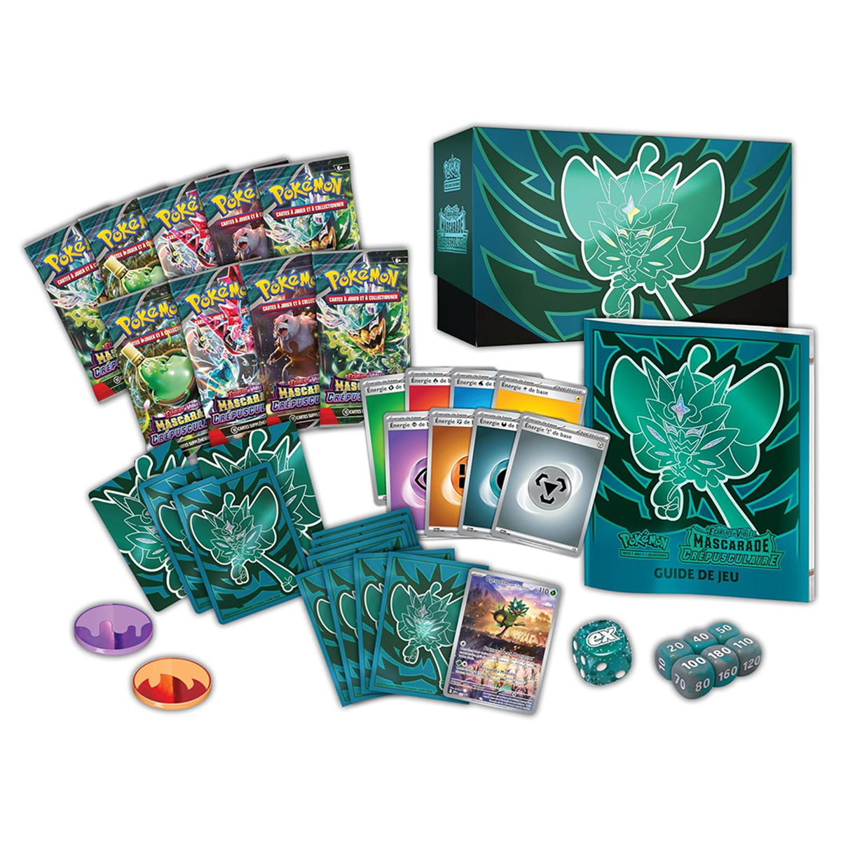 Un set di carte Pokémon con più pacchetti, una guida al gioco e dadi, su una superficie bianca.