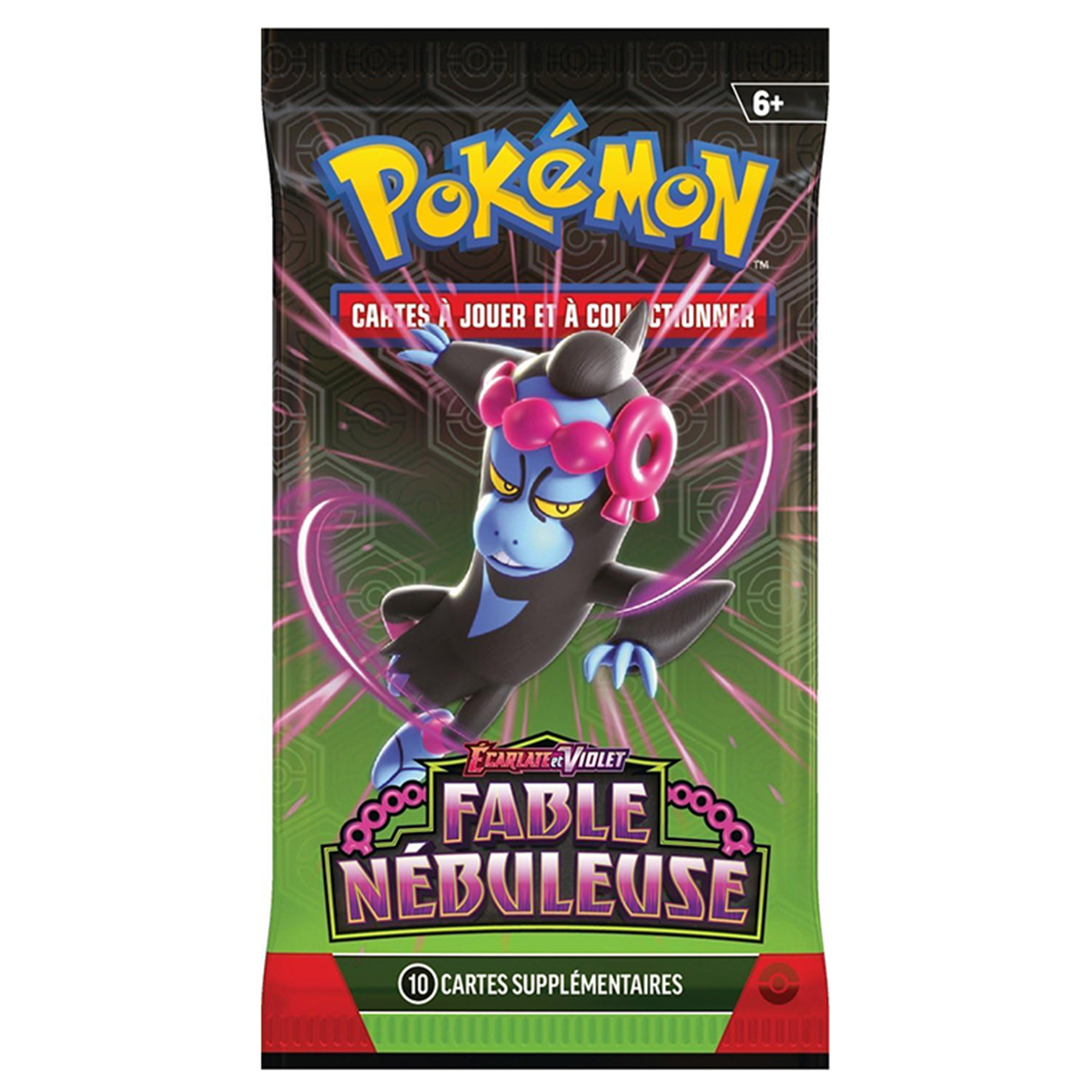 Un pacchetto di carte Pokémon con un personaggio sopra. Testo in francese. Sfondo verde e nero.