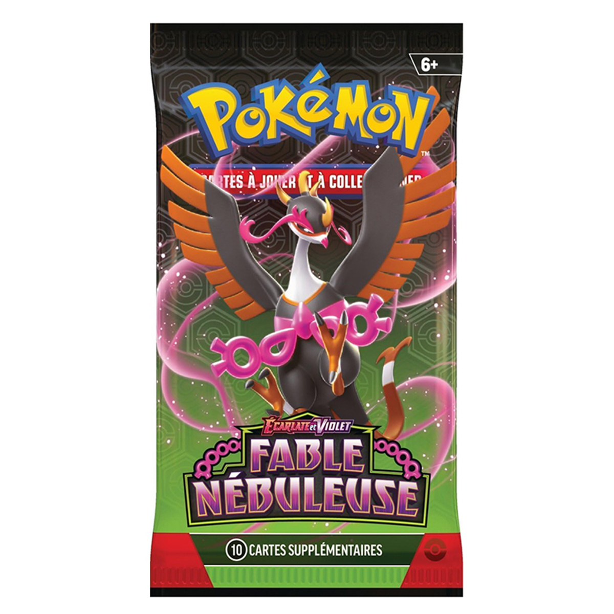 Un pacchetto di carte Pokémon con un Pokémon rosa e nero sul davanti.