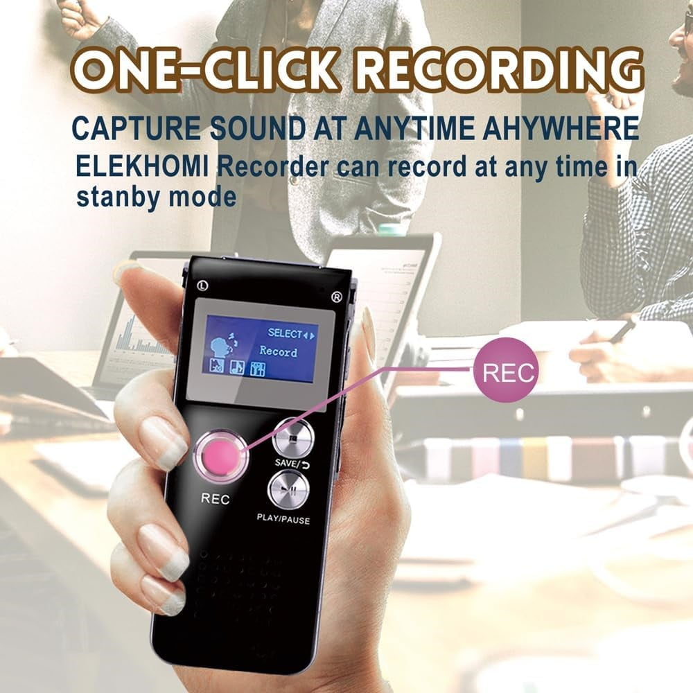 Hand hält schwarzen Rekorder mit Bildschirm. Text: 'One-click recording'. Rosa Taste.