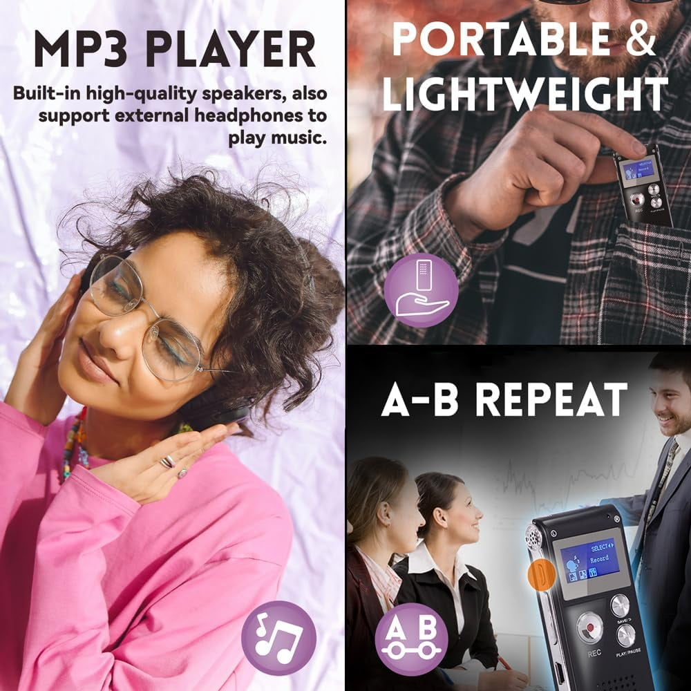 Frau mit Kopfhörern, MP3-Player, und Text: tragbar & leicht, A-B-Wiederholung. Männer in Anzügen.