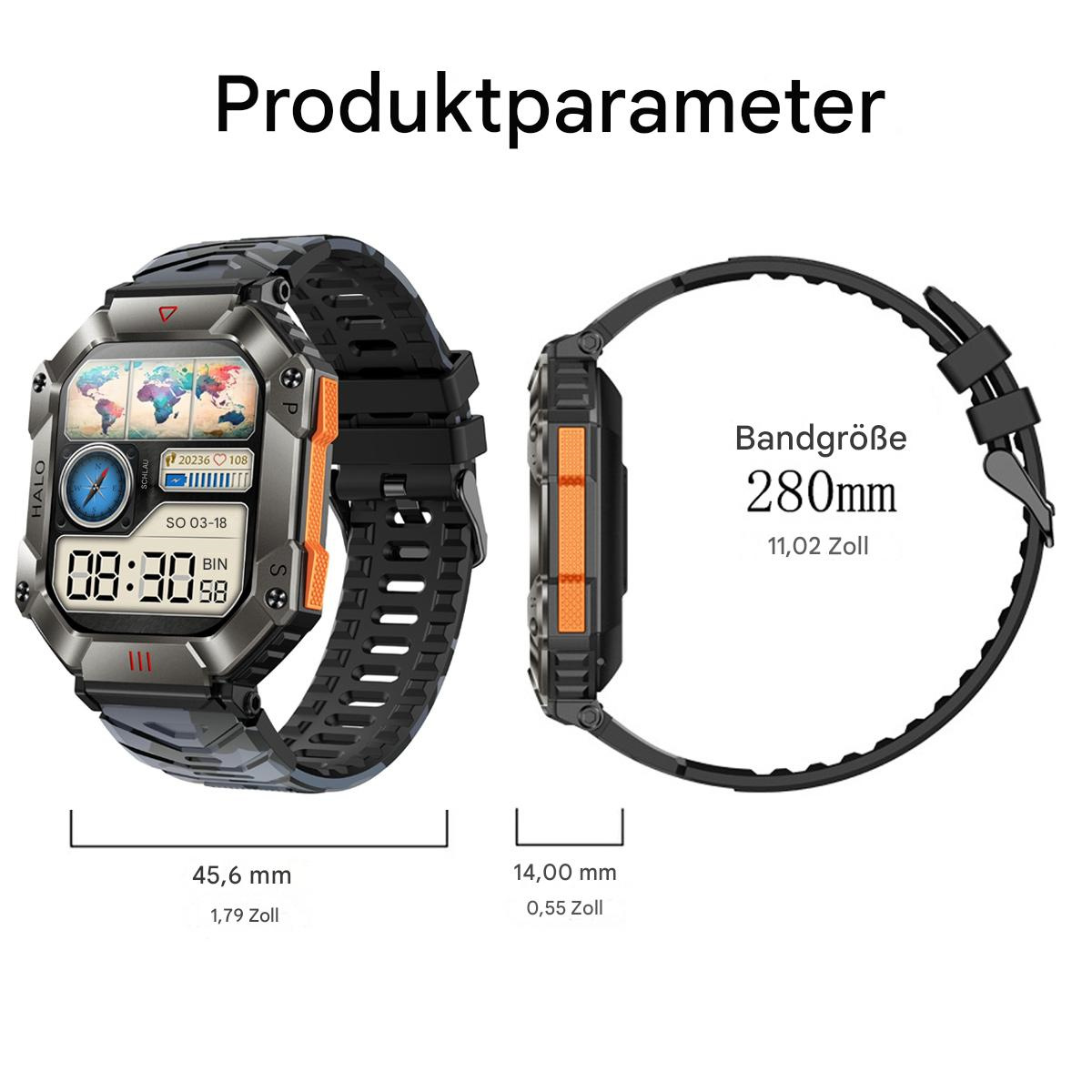 Eine schwarz-orange Smartwatch mit Bildschirm. Sie hat eine Bandgröße von 280 mm und Abmessungen in mm.