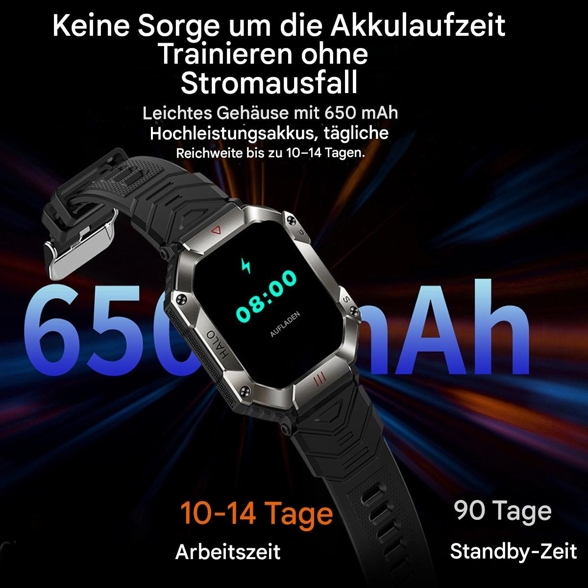 Smartwatch mit schwarzem Armband. Es zeigt die Uhrzeit. Text auf Deutsch zur Akkulaufzeit.