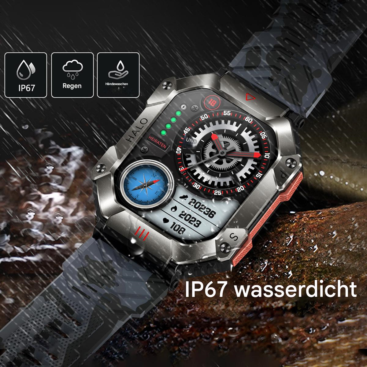 Smartwatch mit Kompass, Datum, Herzfrequenz und Wasserdichtigkeits-Symbolen, mit schwarzem Armband.