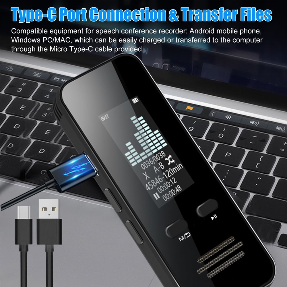 Ein tragbarer Rekorder, der mit einem Laptop verbunden ist. USB-Kabel und eine Wellenformanzeige sind sichtbar.