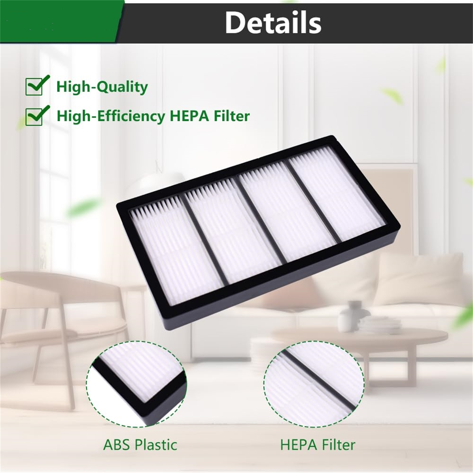 Ein HEPA-Filter mit Details zum Kunststoffrahmen und dem Filter.