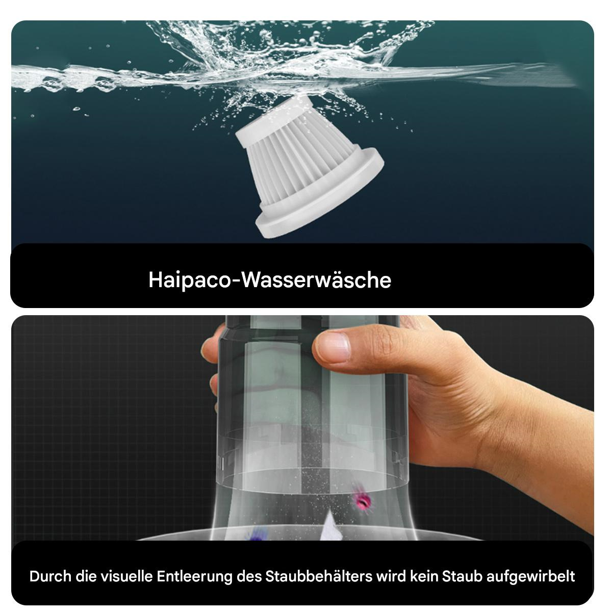 Demonstration eines Staubsaugerfilters und einer Hand, die einen Staubbehälter leert, mit deutschen Textbeschriftungen.