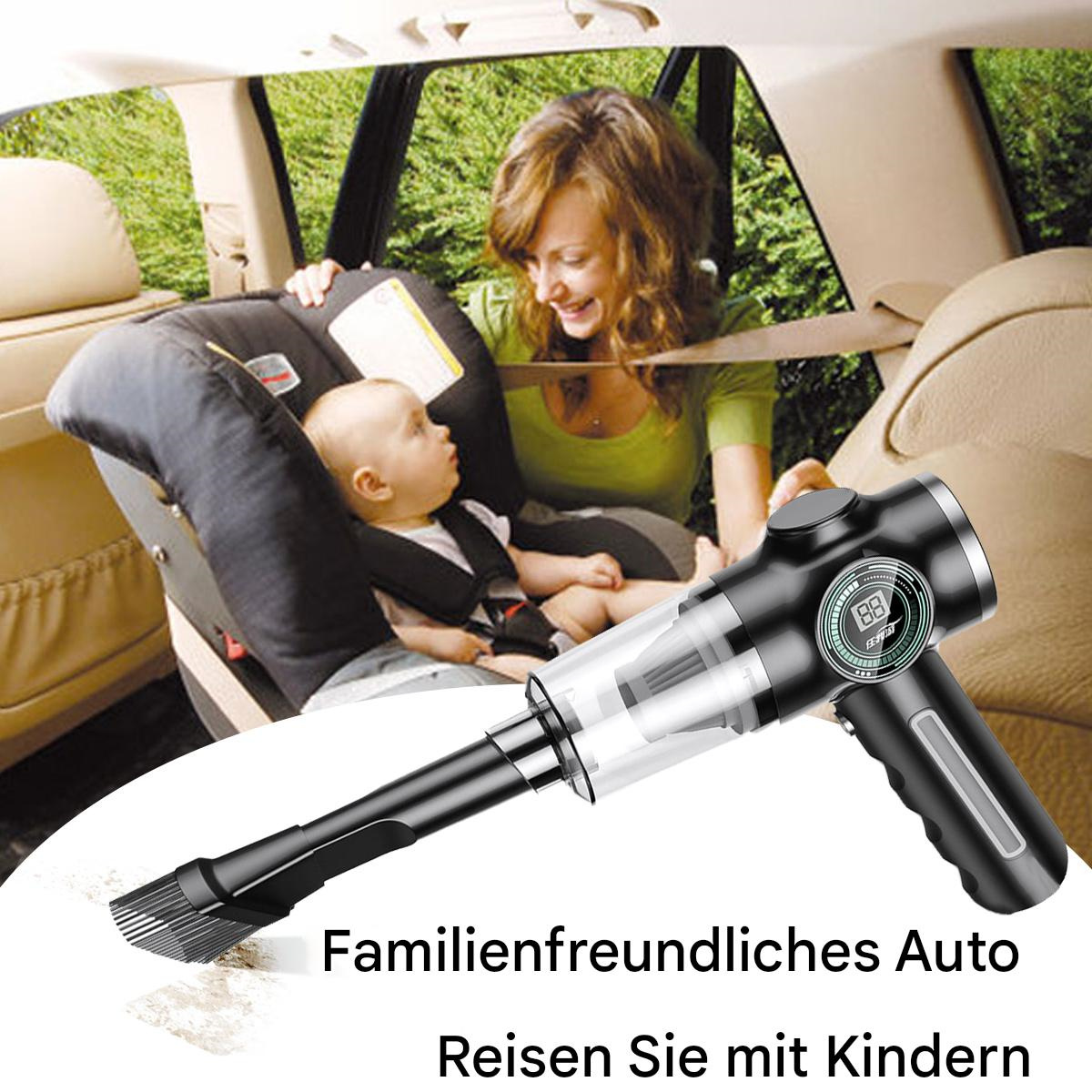 Eine Frau und ein Baby in einem Auto. Sie benutzt einen schwarzen Staubsauger. Text: Familienfreundliches Auto, Reisen mit Kindern.