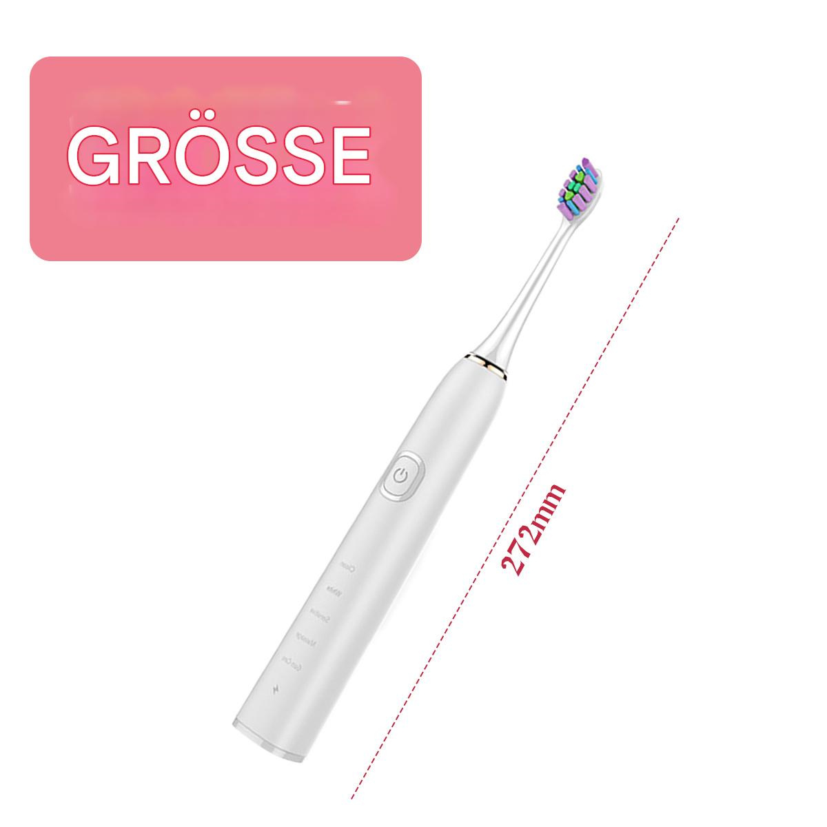 Weiße elektrische Zahnbürste mit pinker Box, auf der GRÖSSE steht. Bürste mit bunten Borsten.