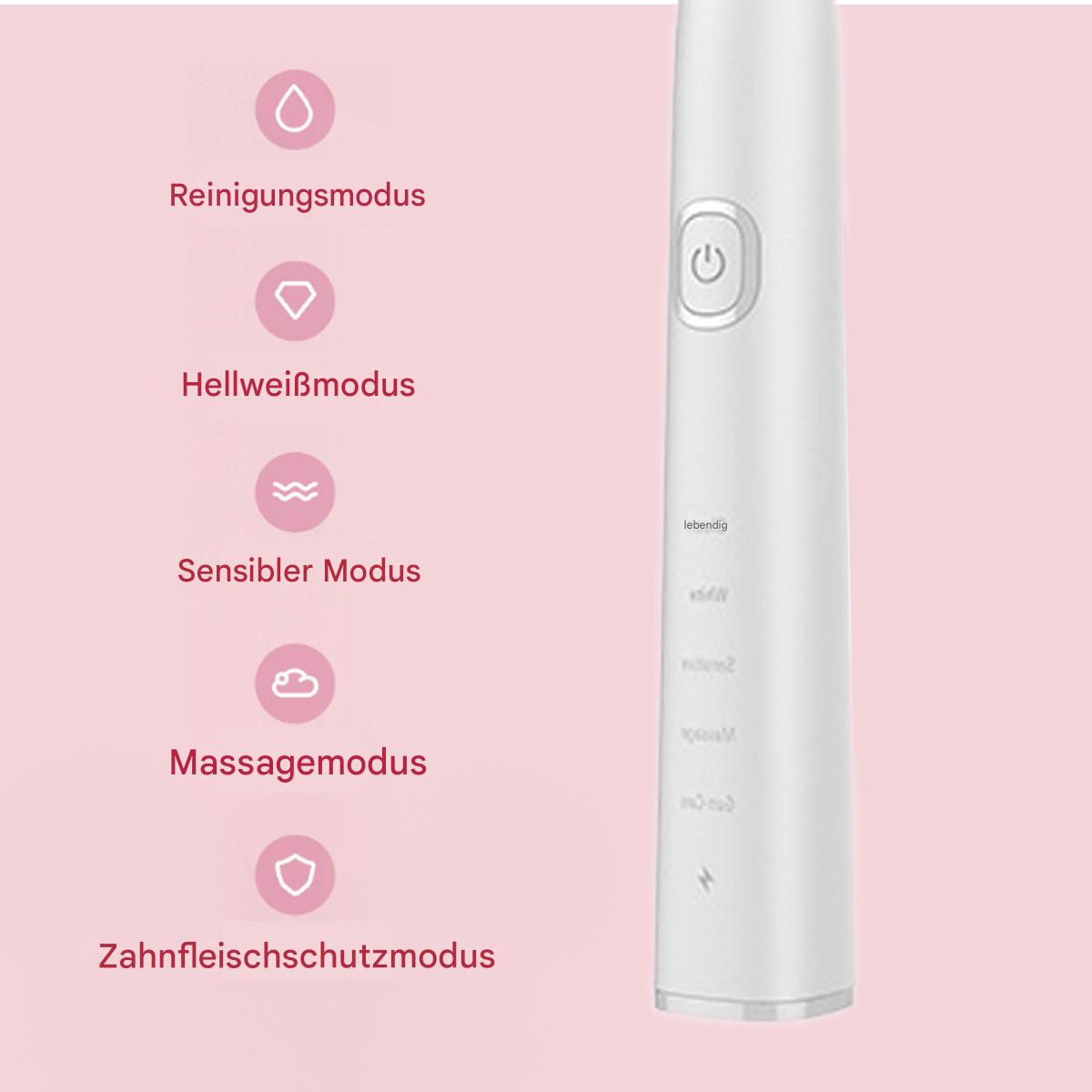 Eine elektrische Zahnbürste mit angezeigten Modus-Icons: Reinigung, Aufhellung, empfindlich, Massage und Zahnfleischschutz.
