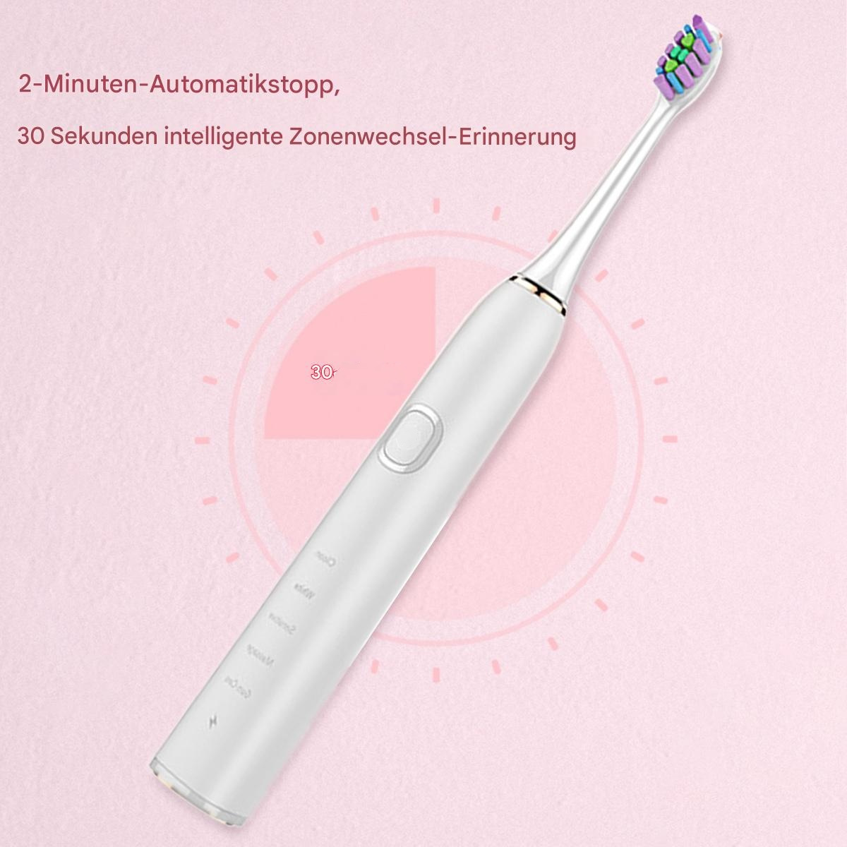Eine elektrische Zahnbürste mit weißem Körper und bunten Borsten, vor einem rosa Hintergrund mit Text.