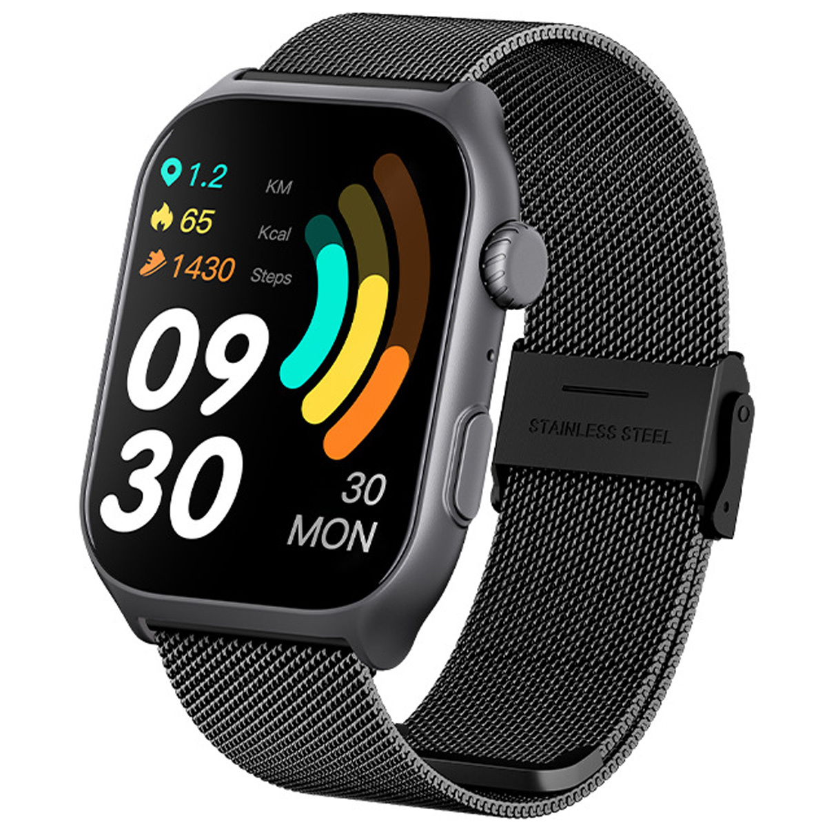 Eine schwarze Smartwatch mit Edelstahlarmband. Es zeigt Zeit, Schritte, Distanz und Kalorien an.