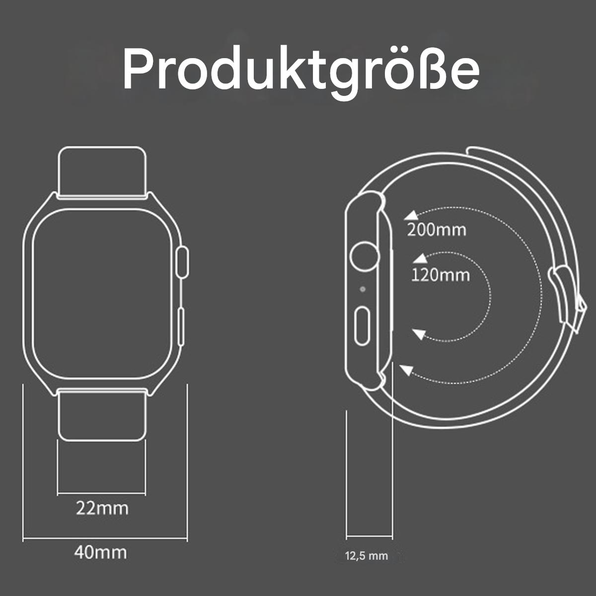 Ein Diagramm einer Smartwatch. Zeigt Abmessungen: 40mm x 22mm und 120mm x 200mm.