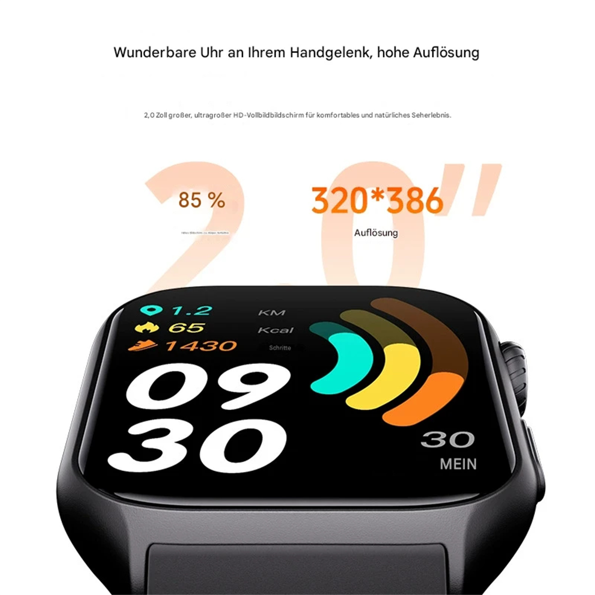Smartwatch mit Zeitanzeige. Schwarze Uhr mit Digitalanzeige, die Zeit, Schritte und Kalorien anzeigt.