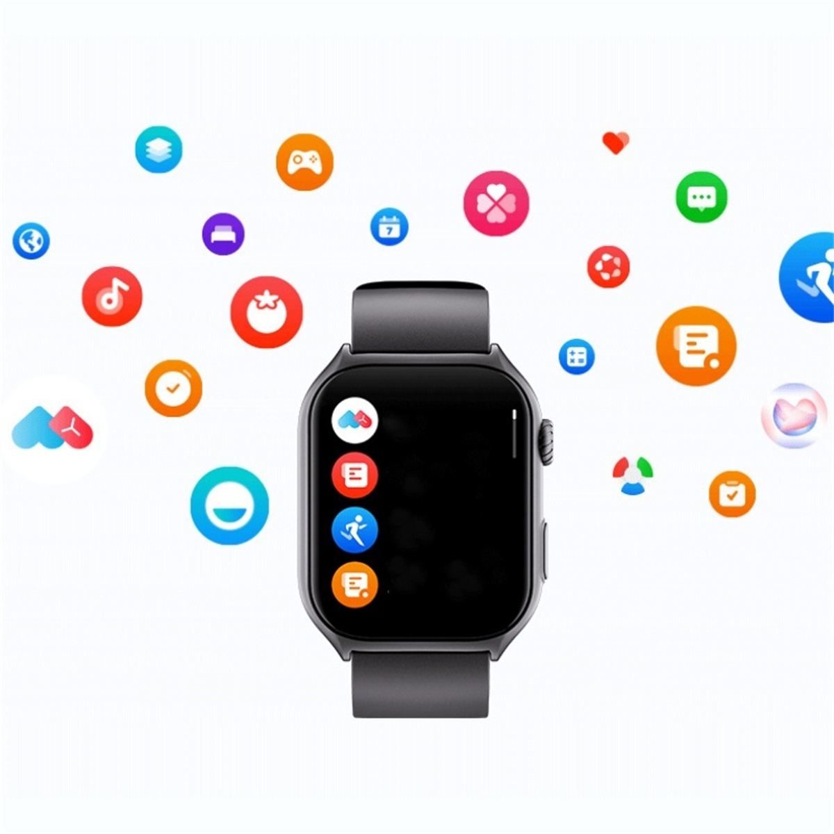 Eine schwarze Smartwatch mit schwarzem Bildschirm, umgeben von bunten Symbolen, schwebt in der Luft.
