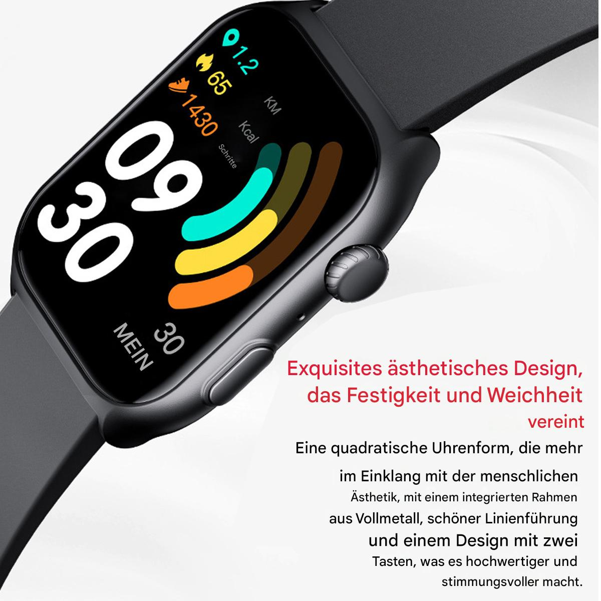 Smartwatch mit schwarzem Armband, das Zeit, Schritte und andere Gesundheitsmetriken anzeigt.