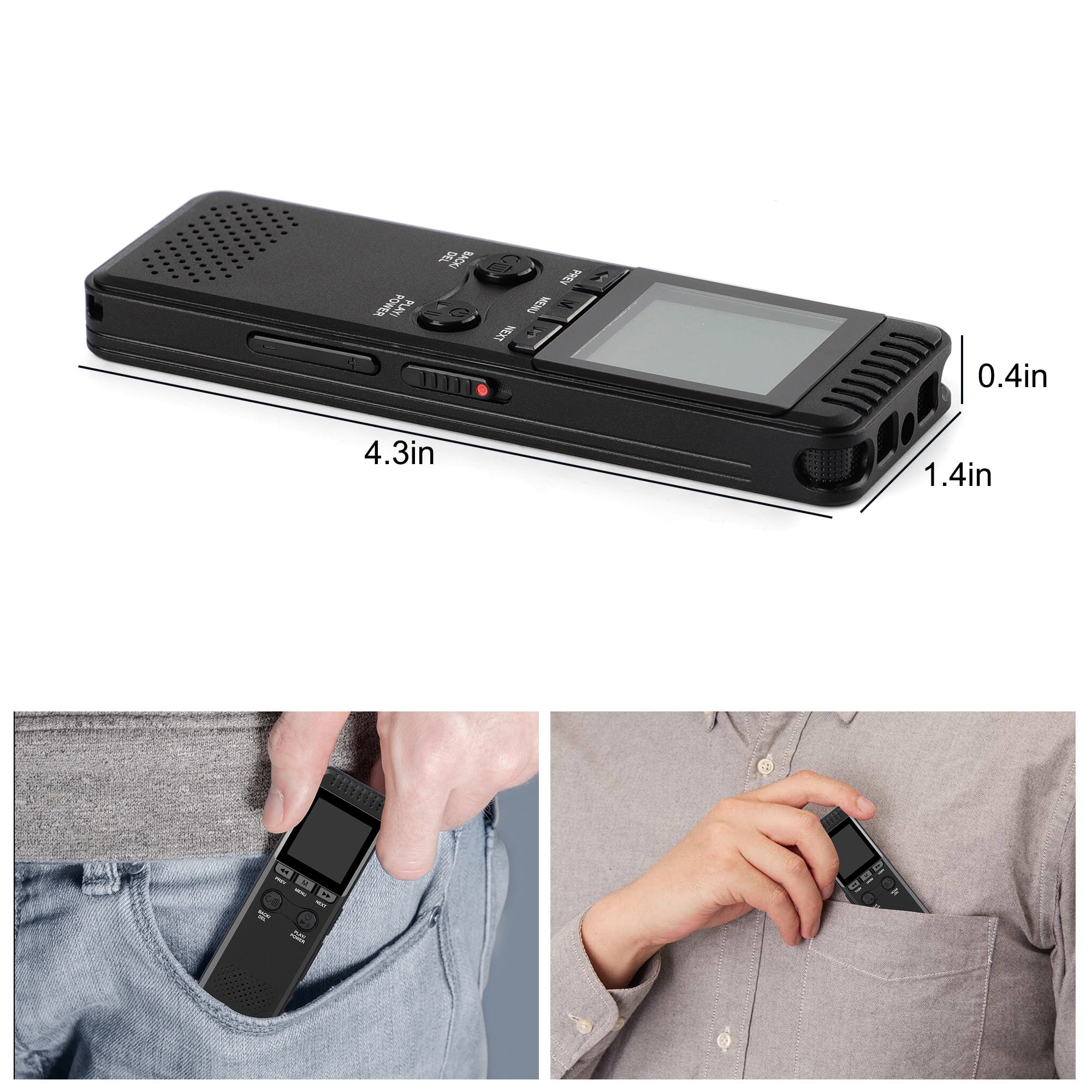 Ein schwarzes digitales Aufnahmegerät mit Knöpfen und kleinem Bildschirm, in einer Tasche.