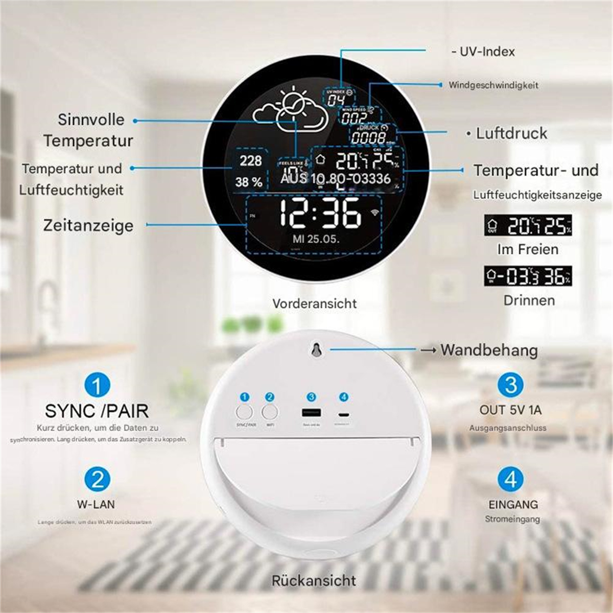 Eine Digitaluhr mit mehreren Anzeigen, einschließlich Zeit, Wetter und Temperatur, mit Beschriftungen.