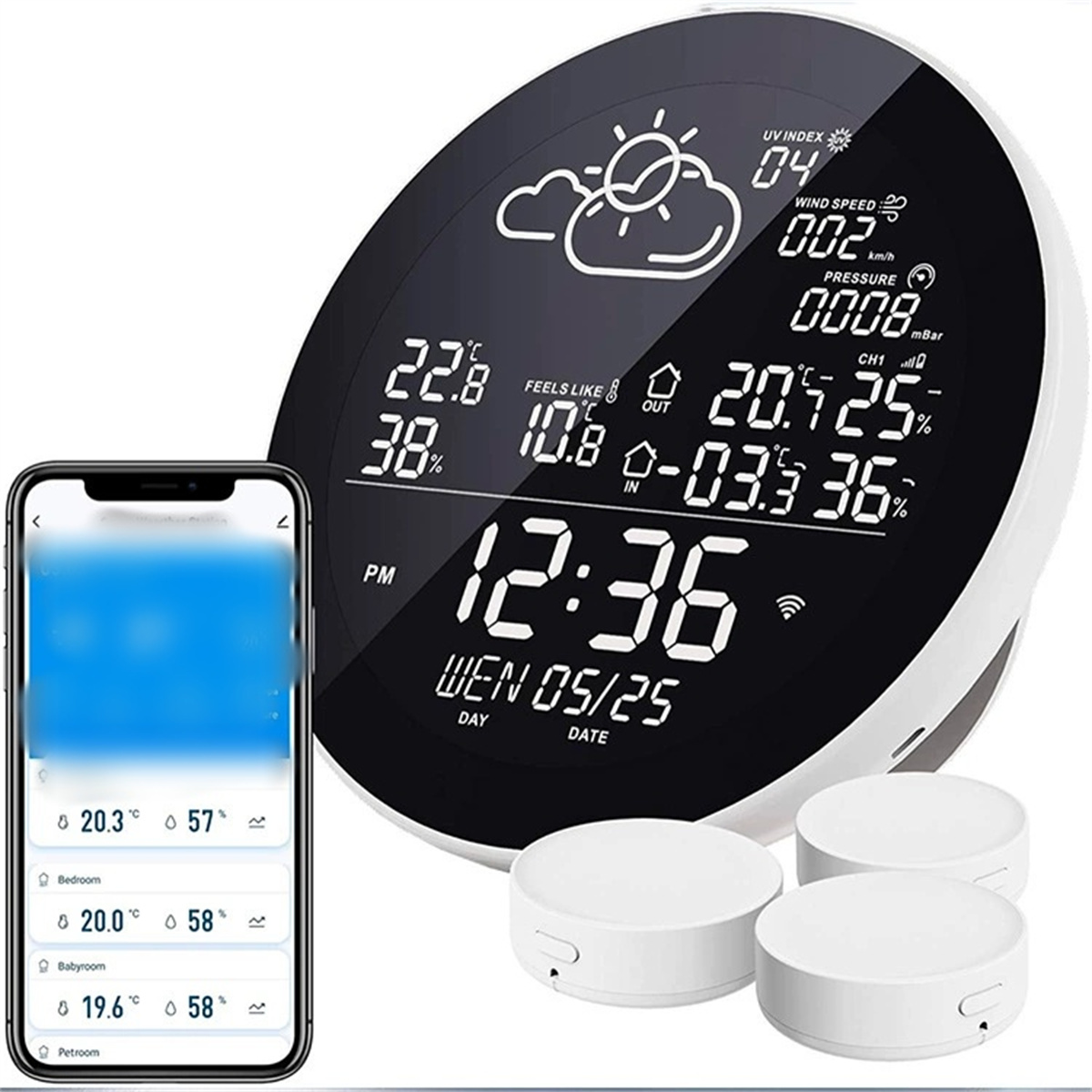 Eine intelligente Wetterstation mit Anzeige von Zeit, Temperatur und Wetterdaten sowie einem Smartphone.