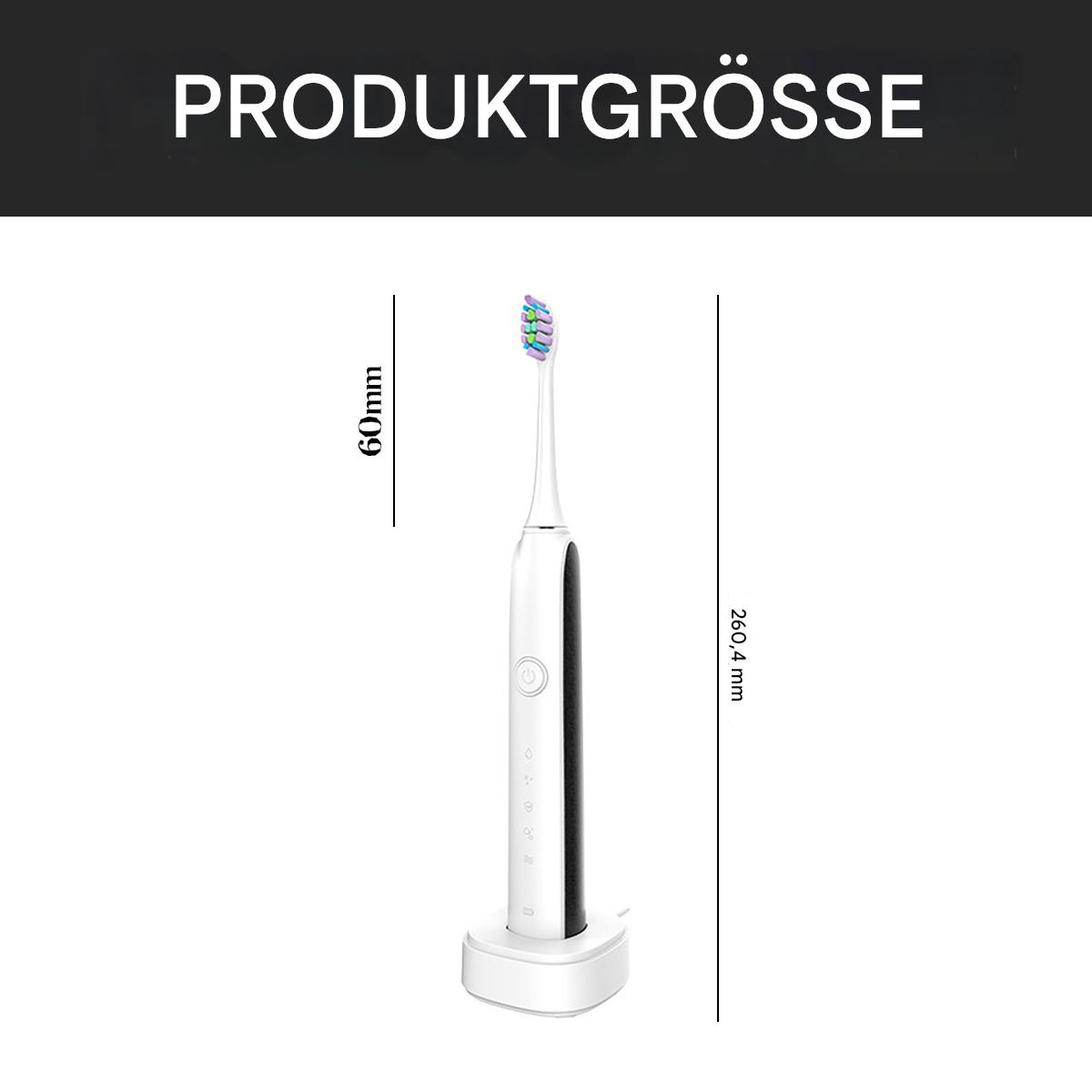 Eine elektrische Zahnbürste auf einer Ladestation, mit angezeigten Abmessungen und Produktgrößen-Text.