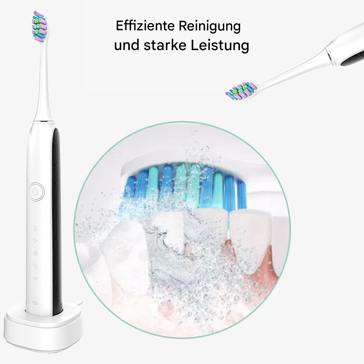 Elektrische Zahnbürste auf einem Ständer, Nahaufnahme der Borsten und ein Wasserspray. Die Zahnbürste ist weiß und schwarz.
