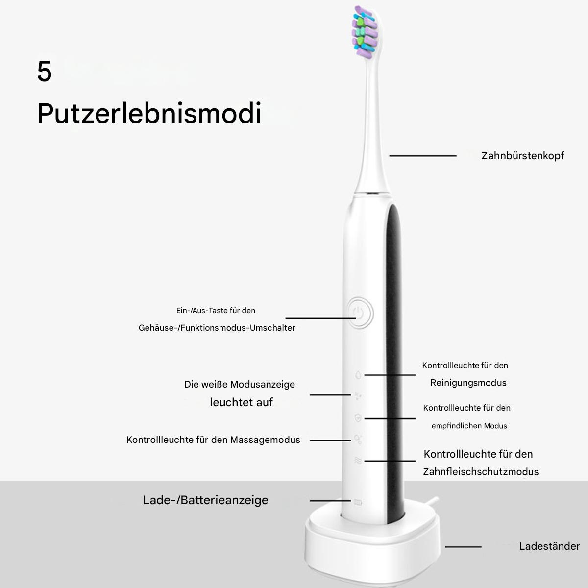 Eine elektrische Zahnbürste und Ladestation. Etiketten beschreiben Reinigungsmodi und Funktionen.