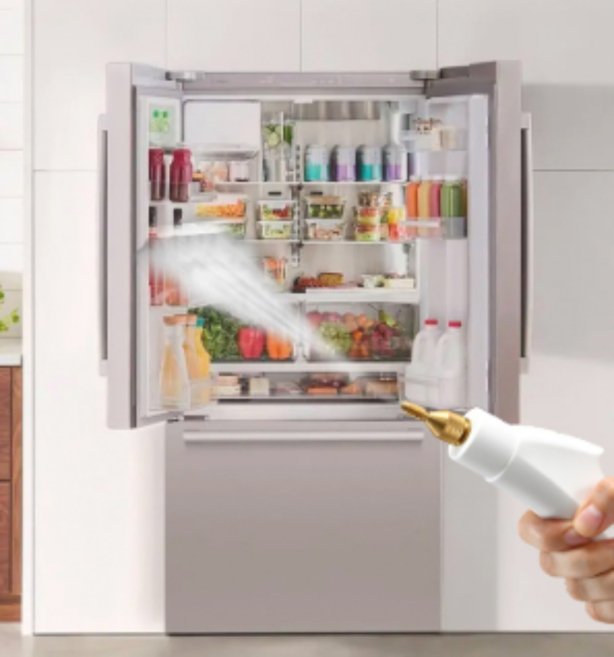 Ein Kühlschrank mit geöffneten Türen, der organisierte Lebensmittel zeigt. Eine Sprühdüse sprüht in den Kühlschrank.