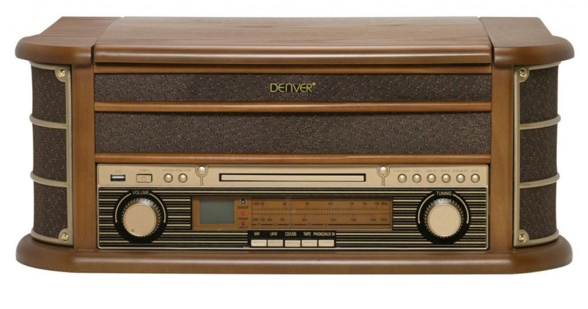 Een bruine en donkerbruine DENVER-stereo, met radio en cd-speler.