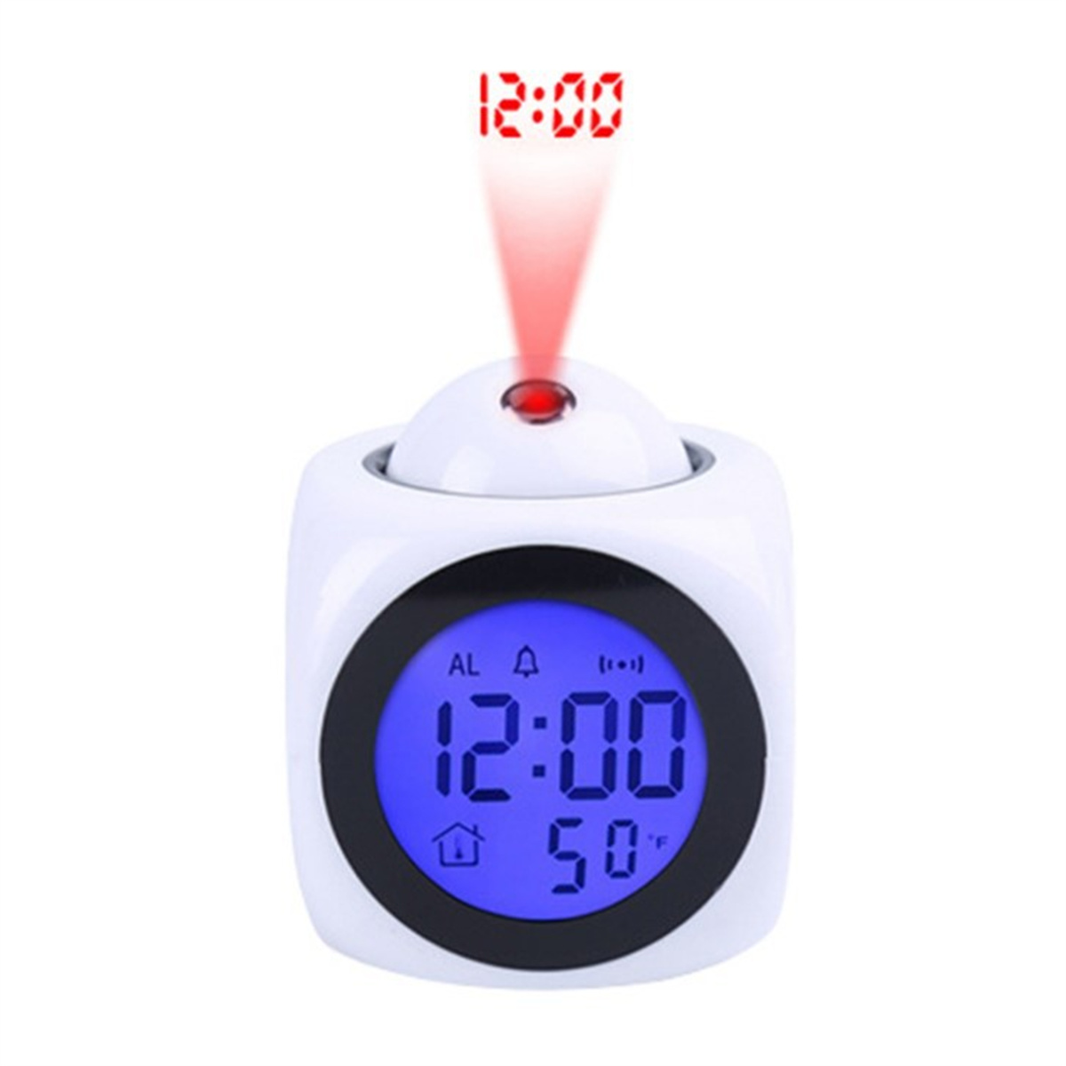Weißer Würfel-Wecker mit blauem Display mit Uhrzeit. Rotes Licht projiziert die Zeit.