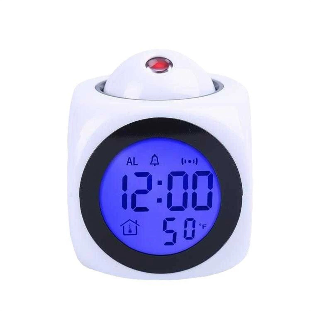 Weißer Würfel-Wecker zeigt 12:00 und 50°F auf blauem Display.