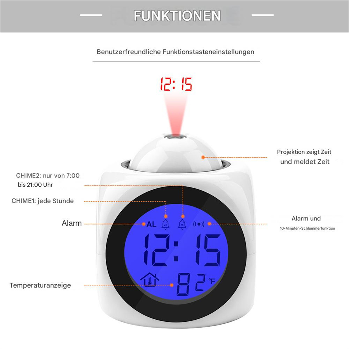 Ein weißer Wecker mit blauem Digitaldisplay, das Zeit und Temperatur anzeigt, mit roter Laserprojektion.