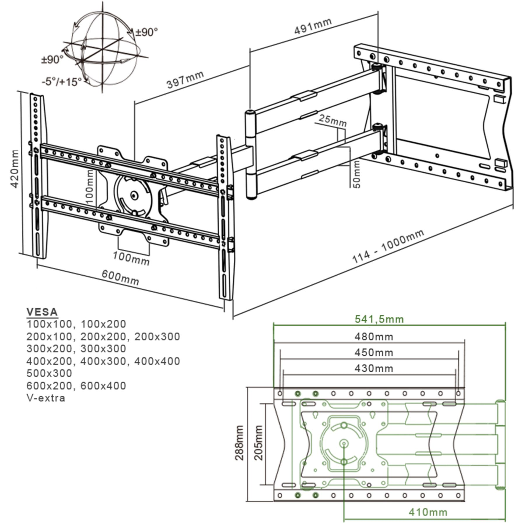 Dessin technique d'un support TV, montrant dimensions, modèles VESA et détails de montage.